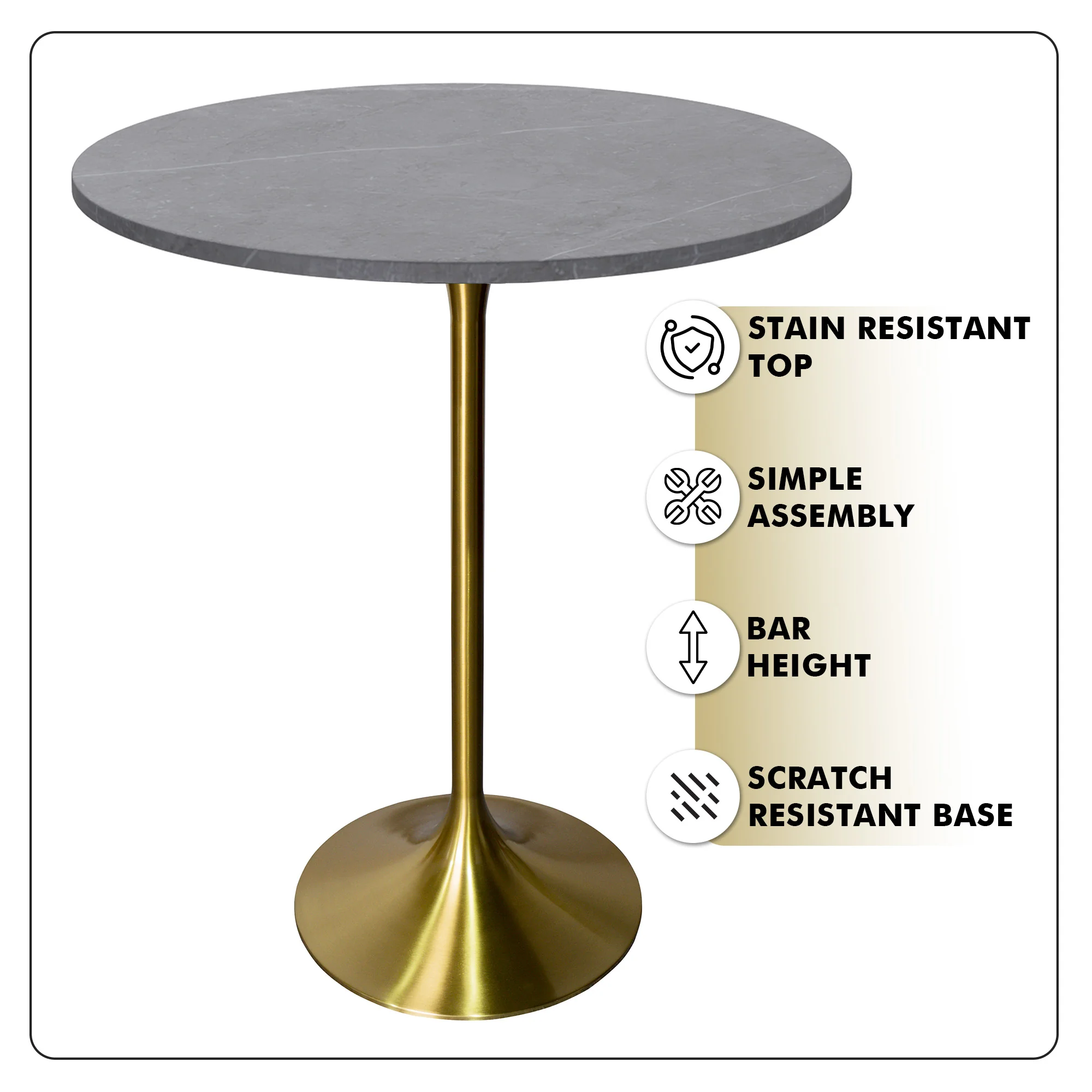 Verve Collection Modern Bar Height Table Brushed Gold Base with 27" Round Marble Grey Sintered Stone Top
