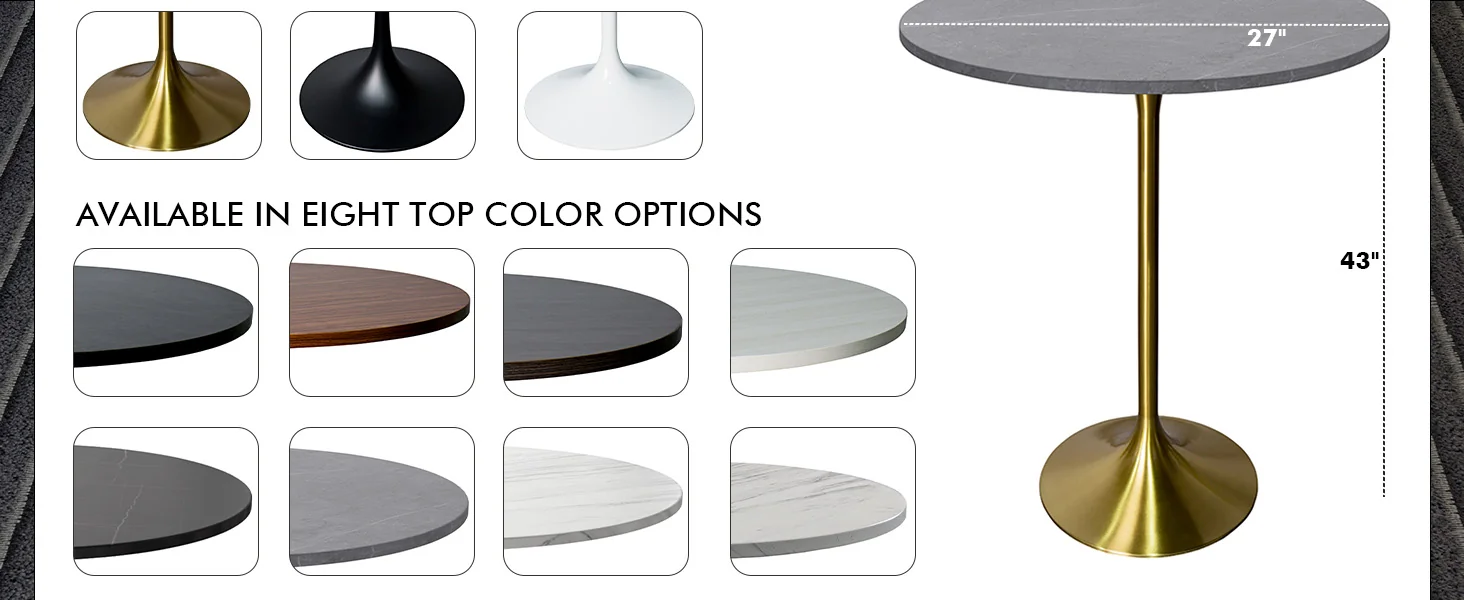 Verve Collection Modern Bar Height Table Brushed Gold Base with 27" Round Marble Grey Sintered Stone Top