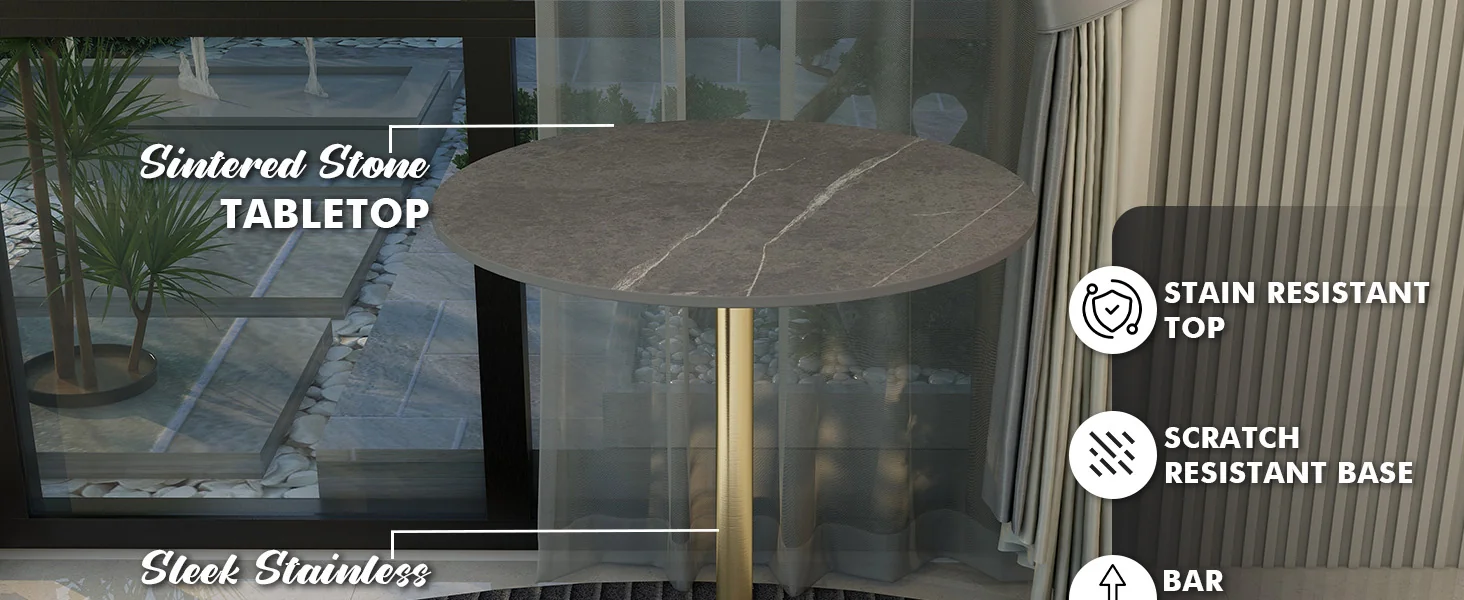 Verve Collection Modern Bar Height Table Brushed Gold Base with 27" Round Marble Grey Sintered Stone Top