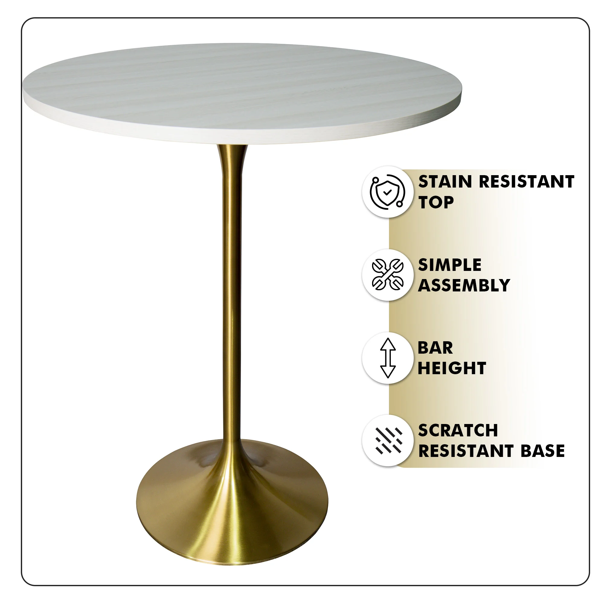 Verve Collection Modern Bar Height Table Brushed Gold Base with 27" Round Light Natural Wood MDF Top