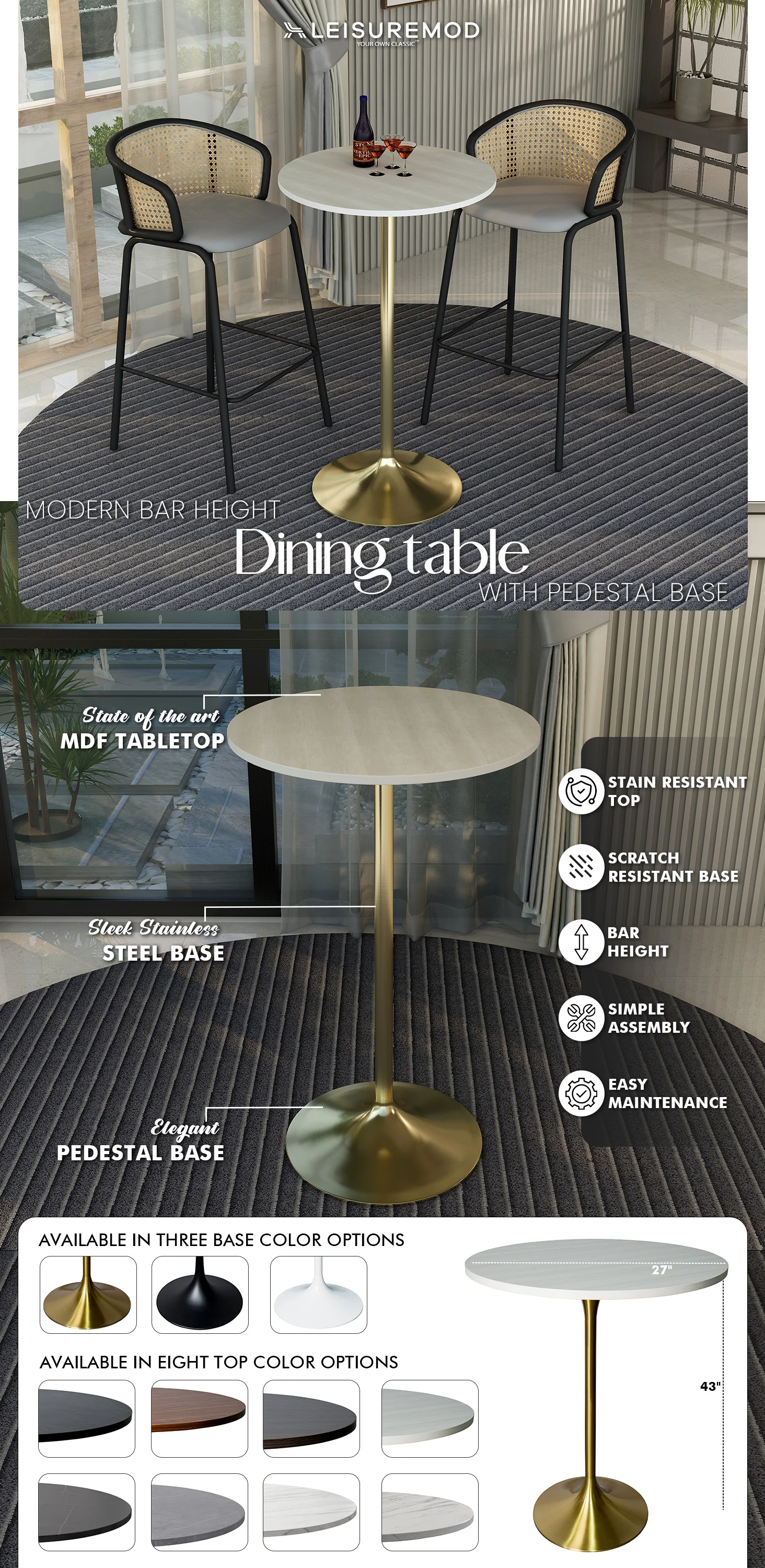 Verve Collection Modern Bar Height Table Brushed Gold Base with 27" Round Light Natural Wood MDF Top