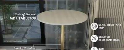 Verve Collection Modern Bar Height Table Brushed Gold Base with 27" Round Light Natural Wood MDF Top