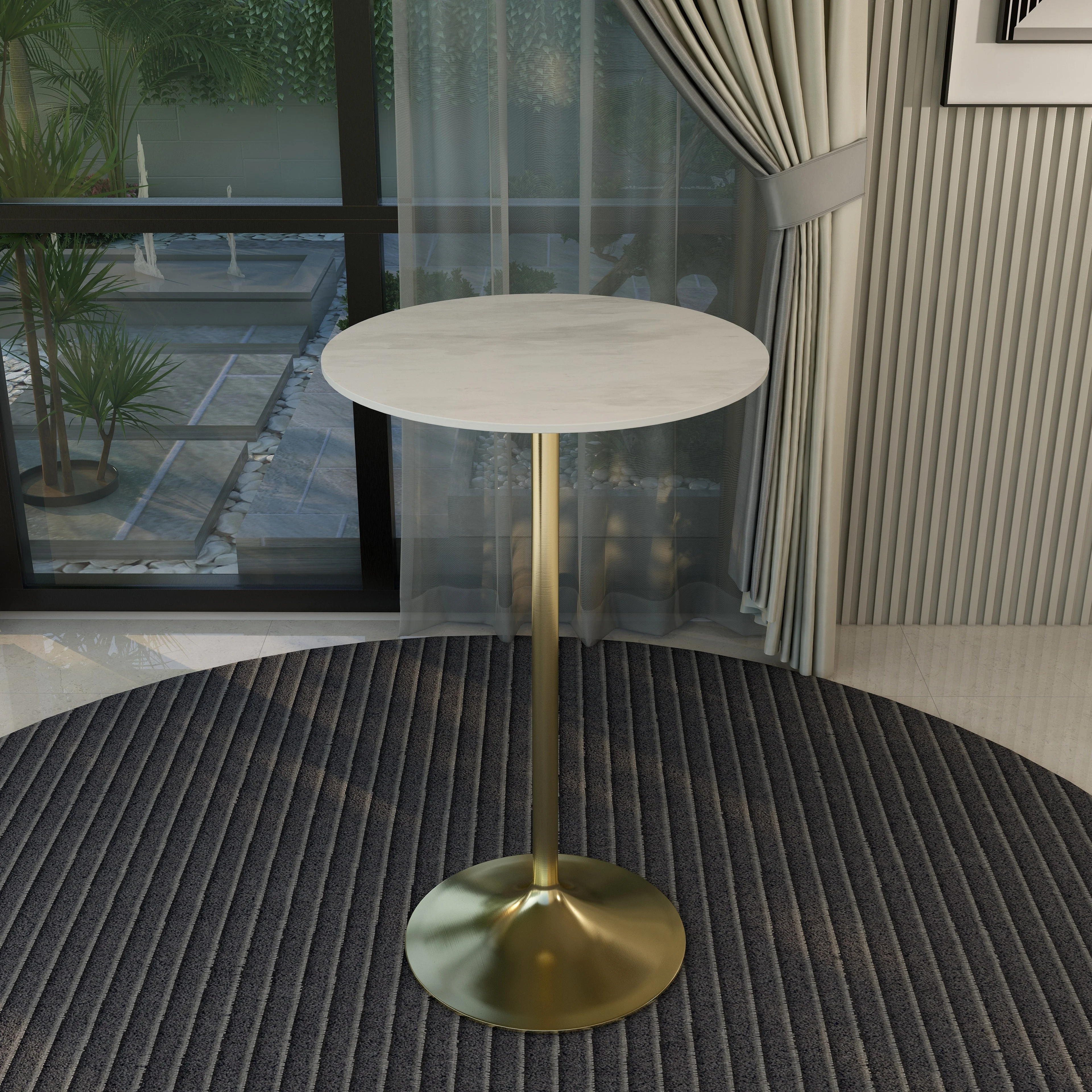 Verve Collection Modern Bar Height Table Brushed Gold Base with 27" Round Marbleized White Laminated Top