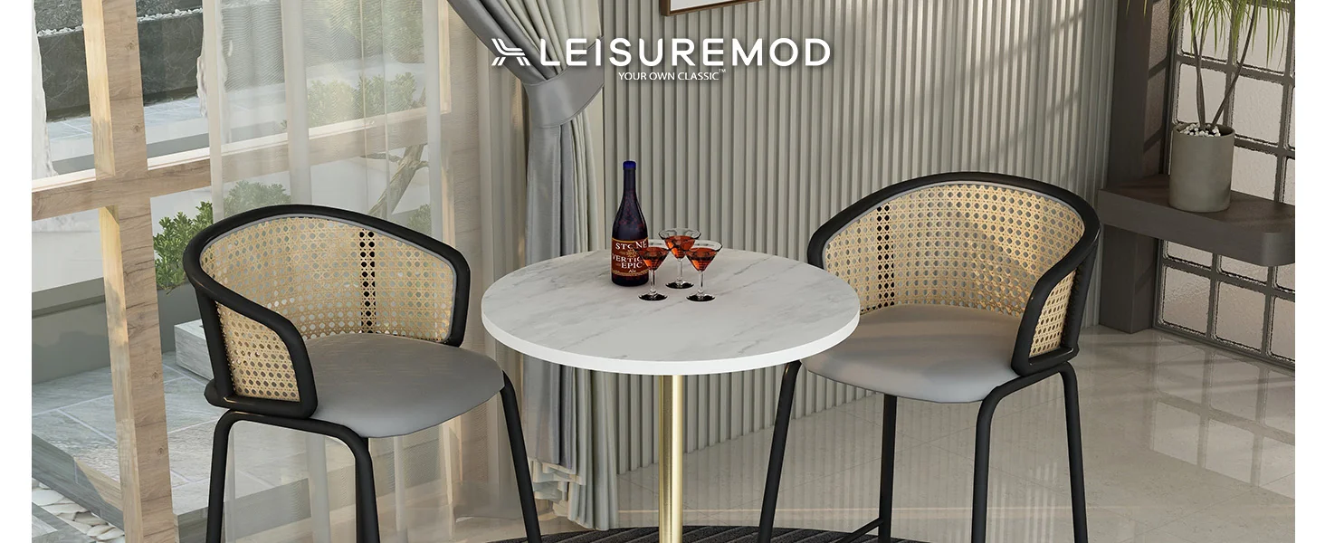 Verve Collection Modern Bar Height Table Brushed Gold Base with 27" Round Marbleized White Laminated Top