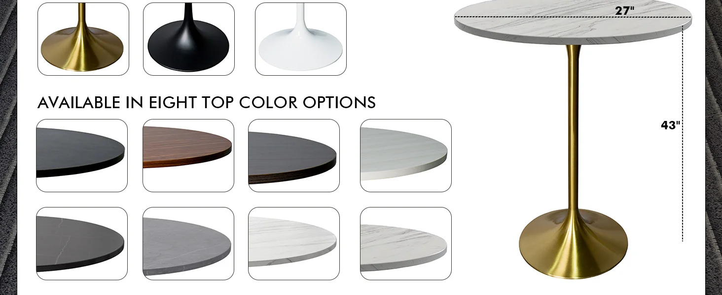 Verve Collection Modern Bar Height Table Brushed Gold Base with 27" Round Marbleized White Laminated Top