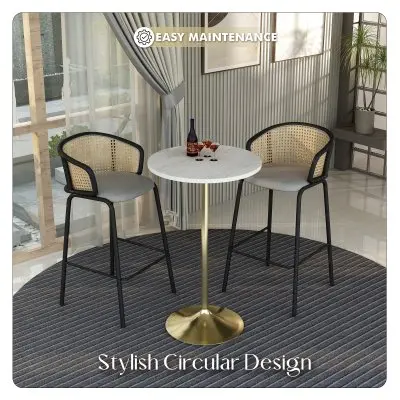 Verve Collection Modern Bar Height Table Brushed Gold Base with 27" Round Marbleized White Laminated Top