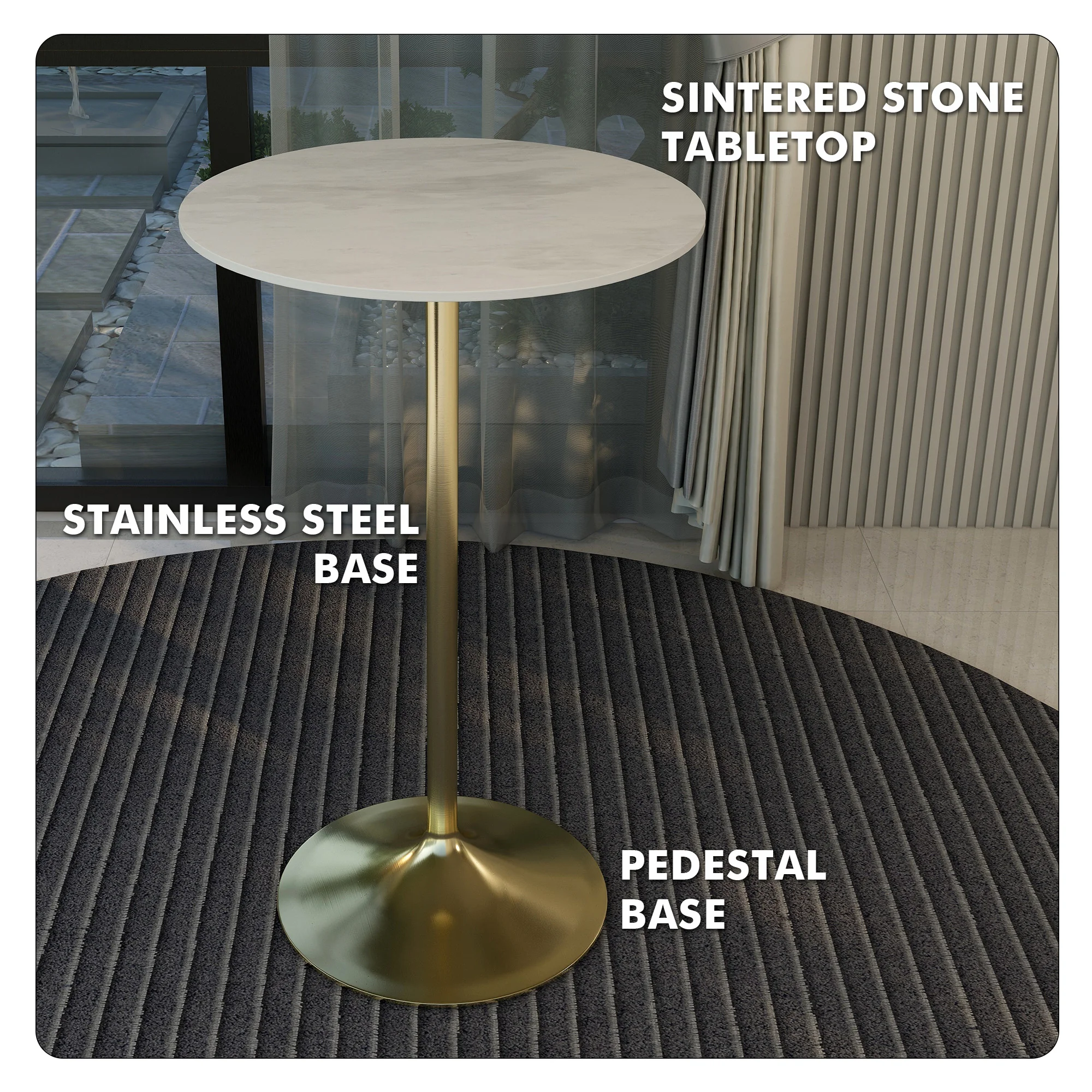 Verve Collection Modern Bar Height Table Brushed Gold Base with 27" Round Marble White Sintered Stone Top