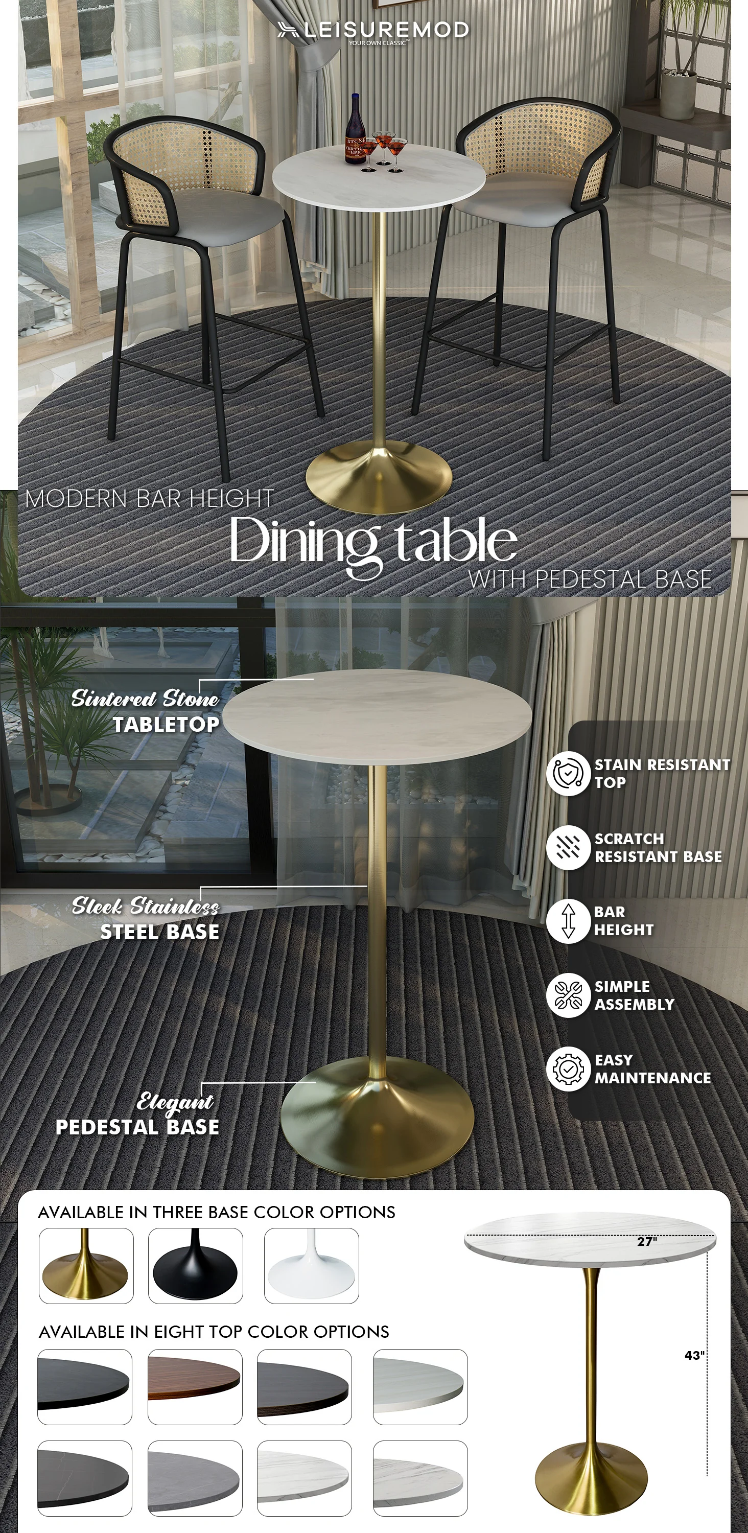 Verve Collection Modern Bar Height Table Brushed Gold Base with 27" Round Marble White Sintered Stone Top