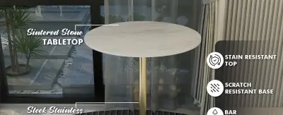 Verve Collection Modern Bar Height Table Brushed Gold Base with 27" Round Marble White Sintered Stone Top