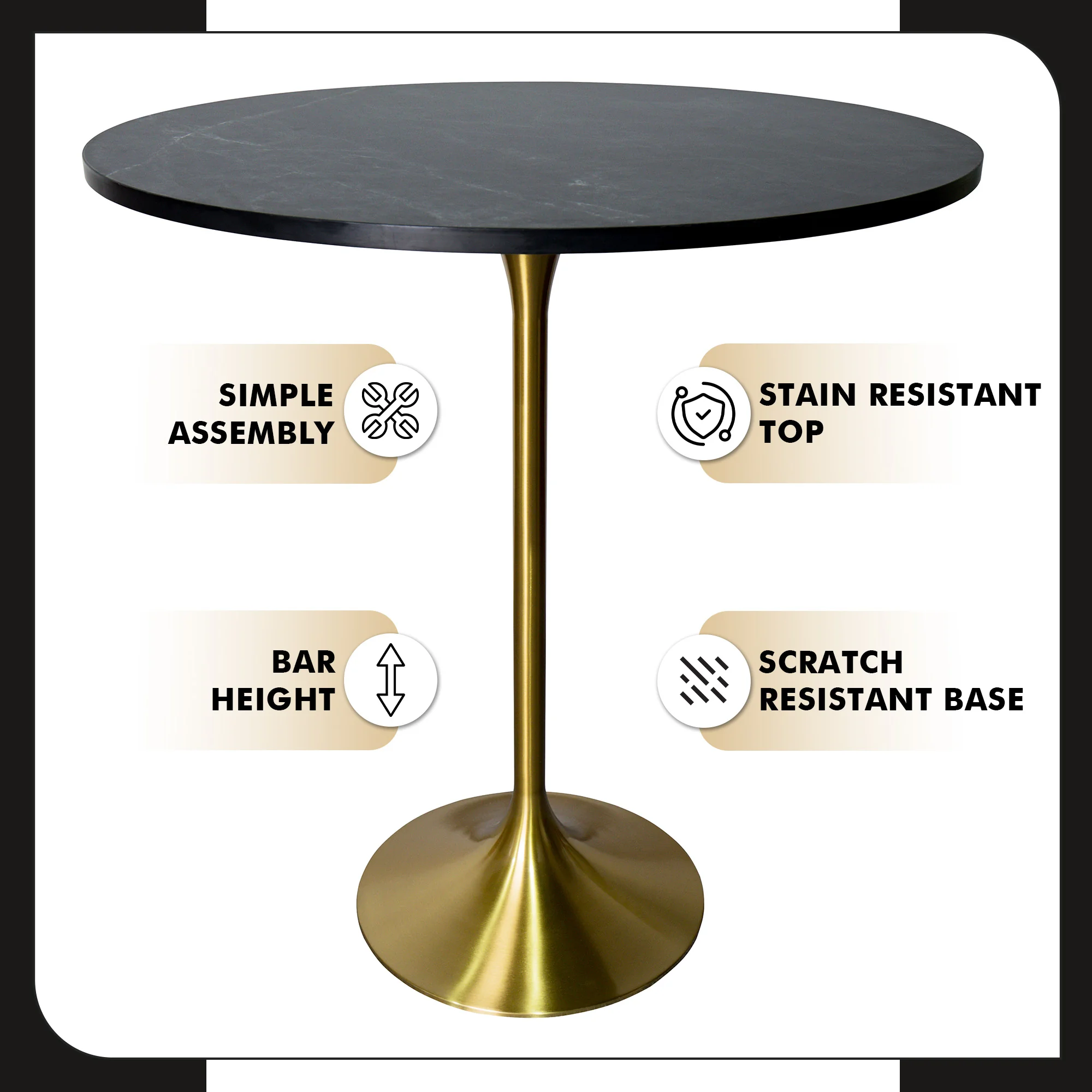Verve Collection Modern Bar Height Table Brushed Gold Base with 36" Round Black Marbelized MDF Top