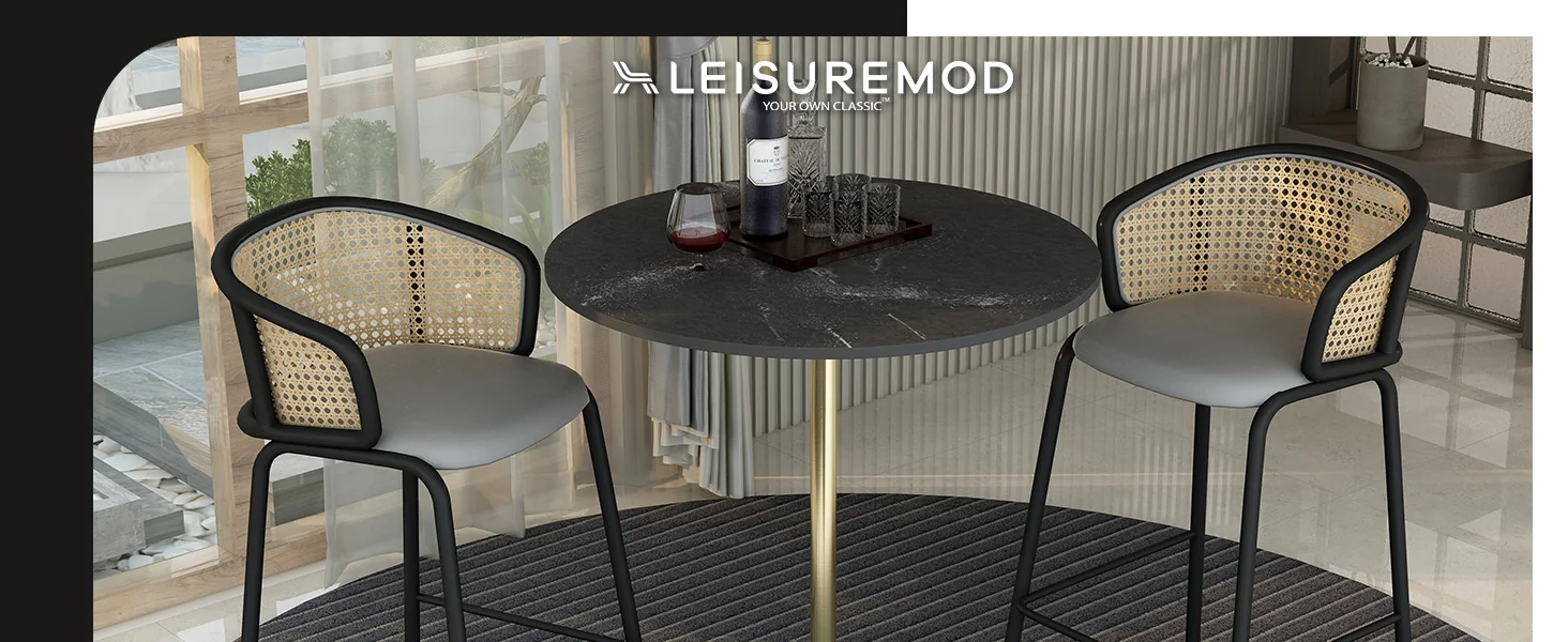 Verve Collection Modern Bar Height Table Brushed Gold Base with 36" Round Black Marbelized MDF Top