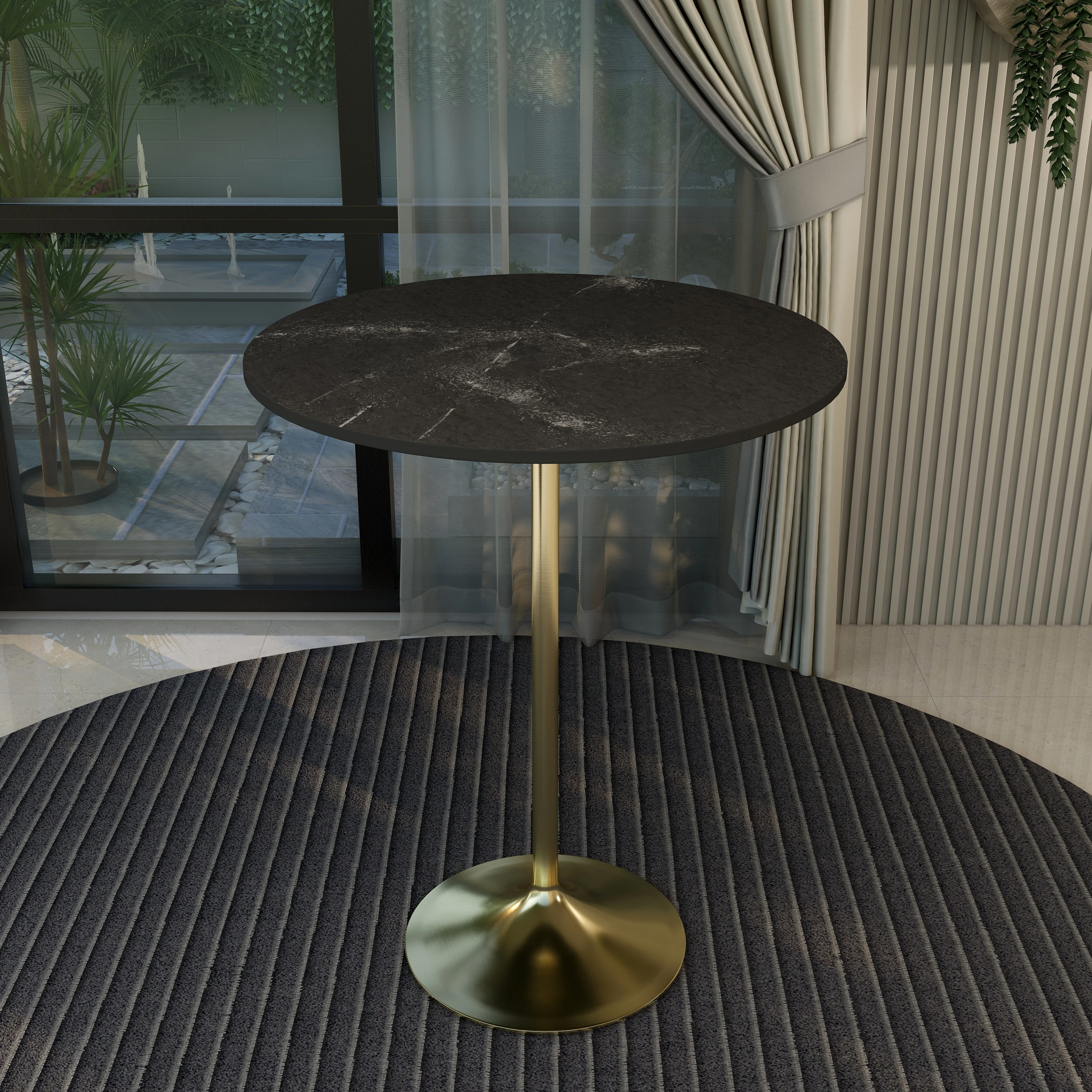 Verve Collection Modern Bar Height Table Brushed Gold Base with 36" Round Black Marbelized MDF Top