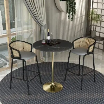 Verve Collection Modern Bar Height Table Brushed Gold Base with 36" Round Black Marbelized MDF Top