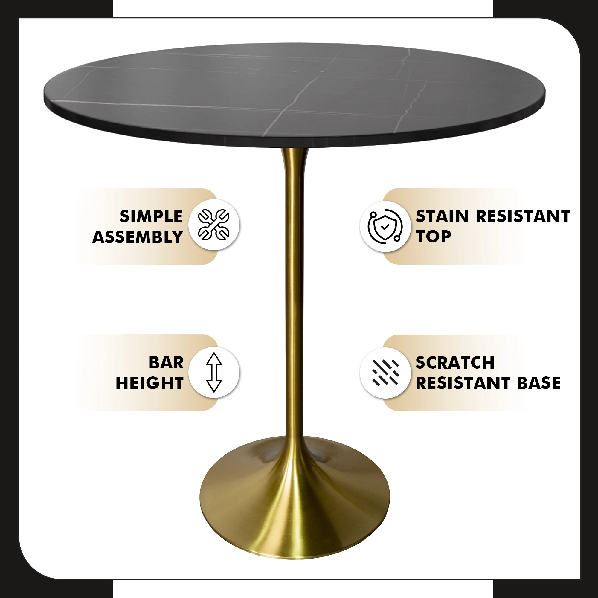 Verve Collection Modern Bar Height Table Brushed Gold Base with 36" Round Black Marbelized Sintered Stone Top