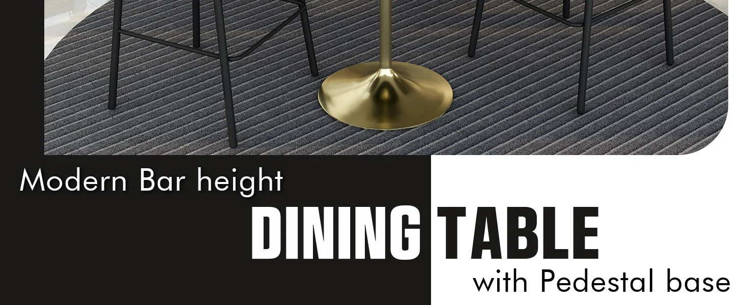 Verve Collection Modern Bar Height Table Brushed Gold Base with 36" Round Black Marbelized Sintered Stone Top