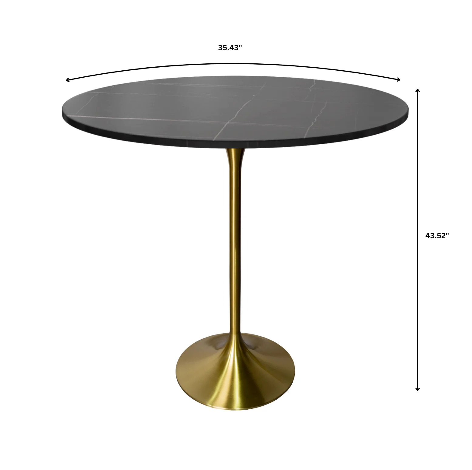 Verve Collection Modern Bar Height Table Brushed Gold Base with 36" Round Black Marbelized Sintered Stone Top