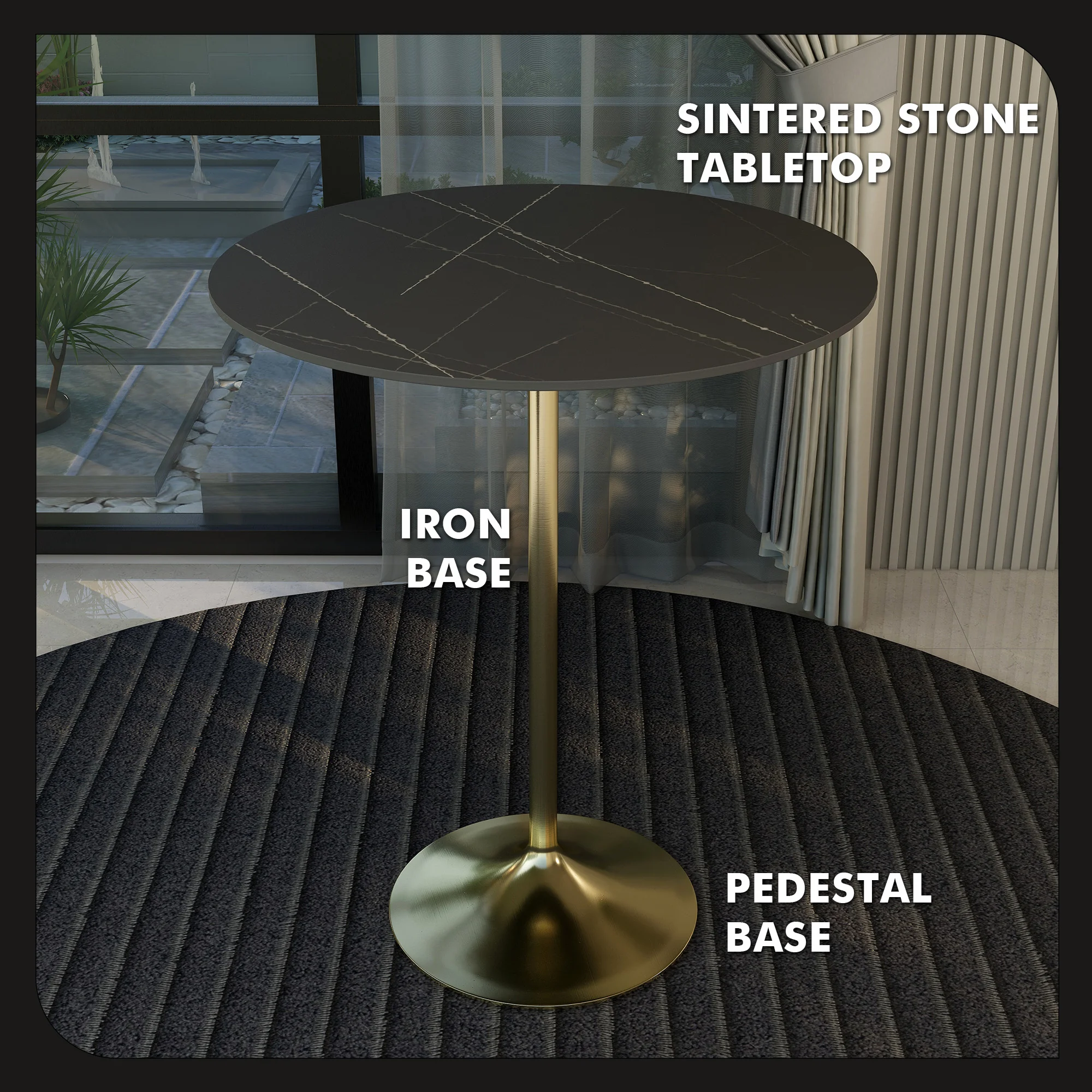 Verve Collection Modern Bar Height Table Brushed Gold Base with 36" Round Black Marbelized Sintered Stone Top