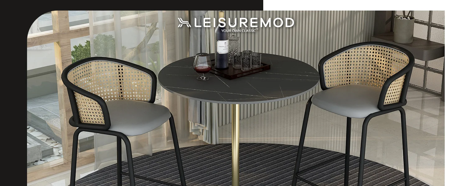 Verve Collection Modern Bar Height Table Brushed Gold Base with 36" Round Black Marbelized Sintered Stone Top