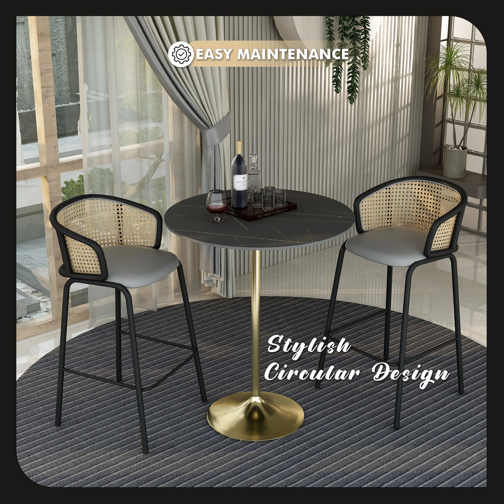 Verve Collection Modern Bar Height Table Brushed Gold Base with 36" Round Black Marbelized Sintered Stone Top