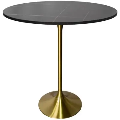 Verve Collection Modern Bar Height Table Brushed Gold Base with 36" Round Black Marbelized Sintered Stone Top