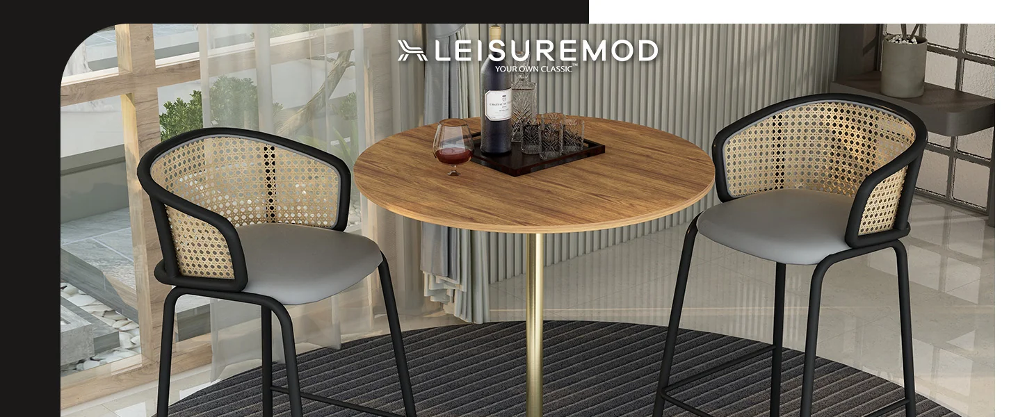 Verve Collection Modern Bar Height Table Brushed Gold Base with 36" Round Cognac Brown MDF Top