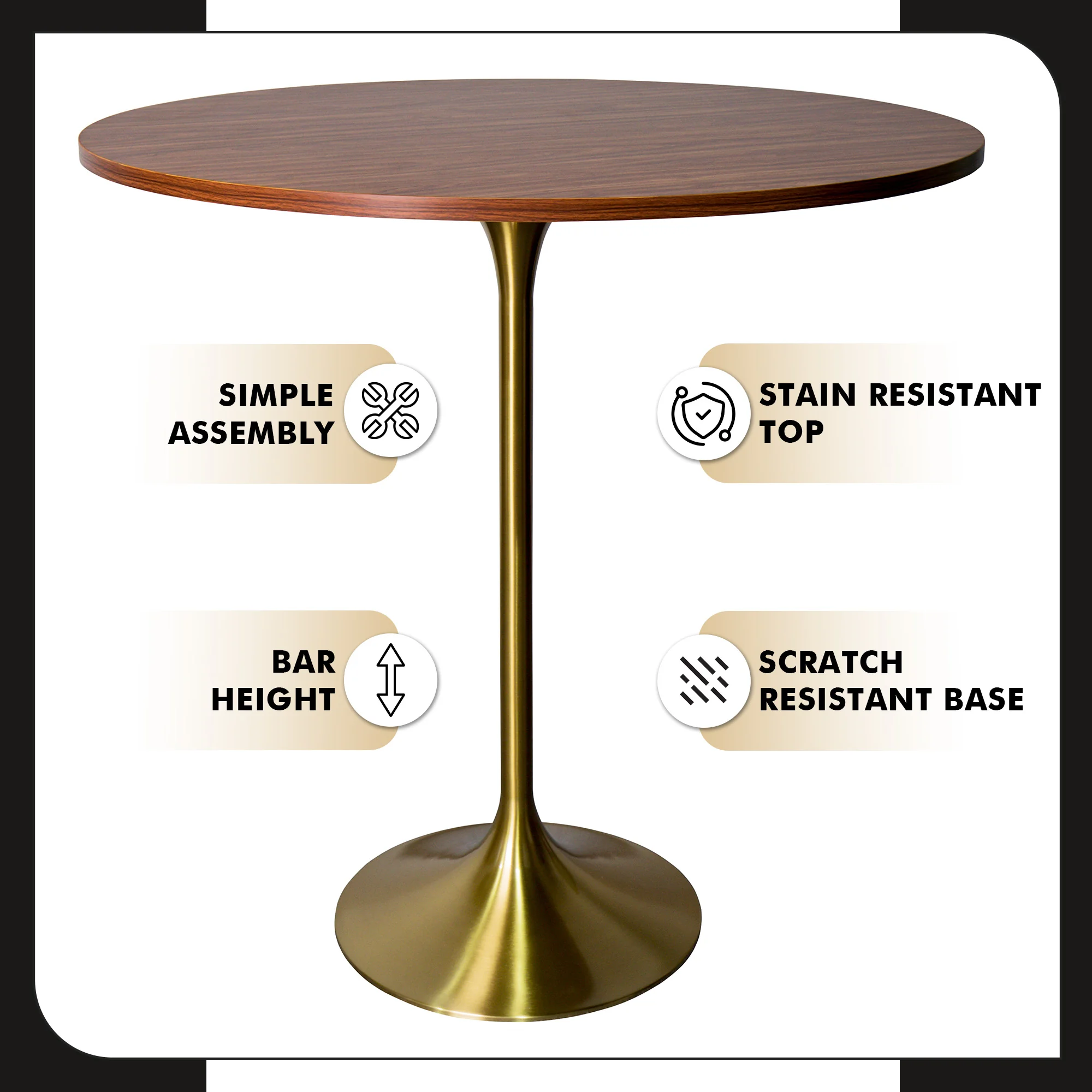 Verve Collection Modern Bar Height Table Brushed Gold Base with 36" Round Cognac Brown MDF Top