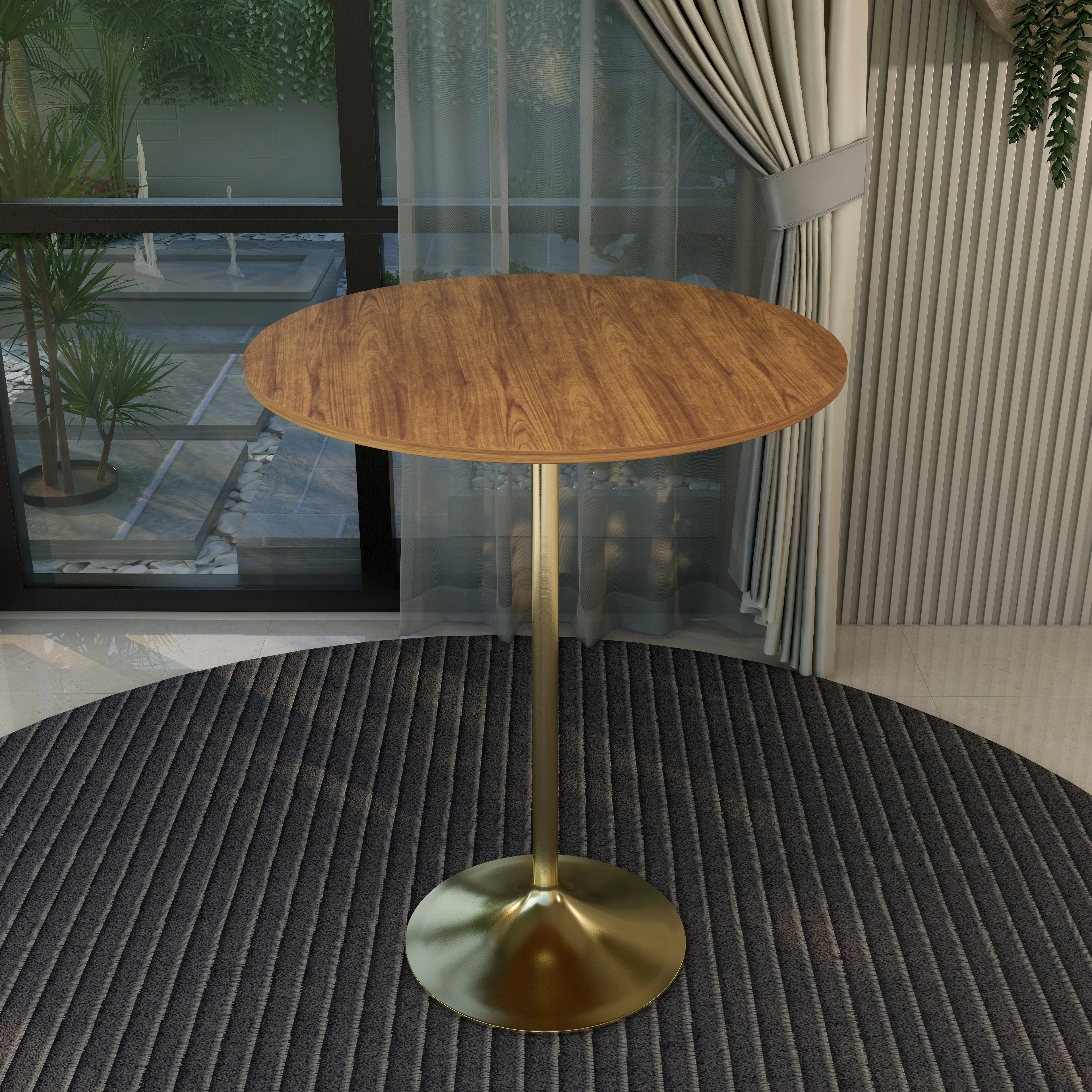 Verve Collection Modern Bar Height Table Brushed Gold Base with 36" Round Cognac Brown MDF Top
