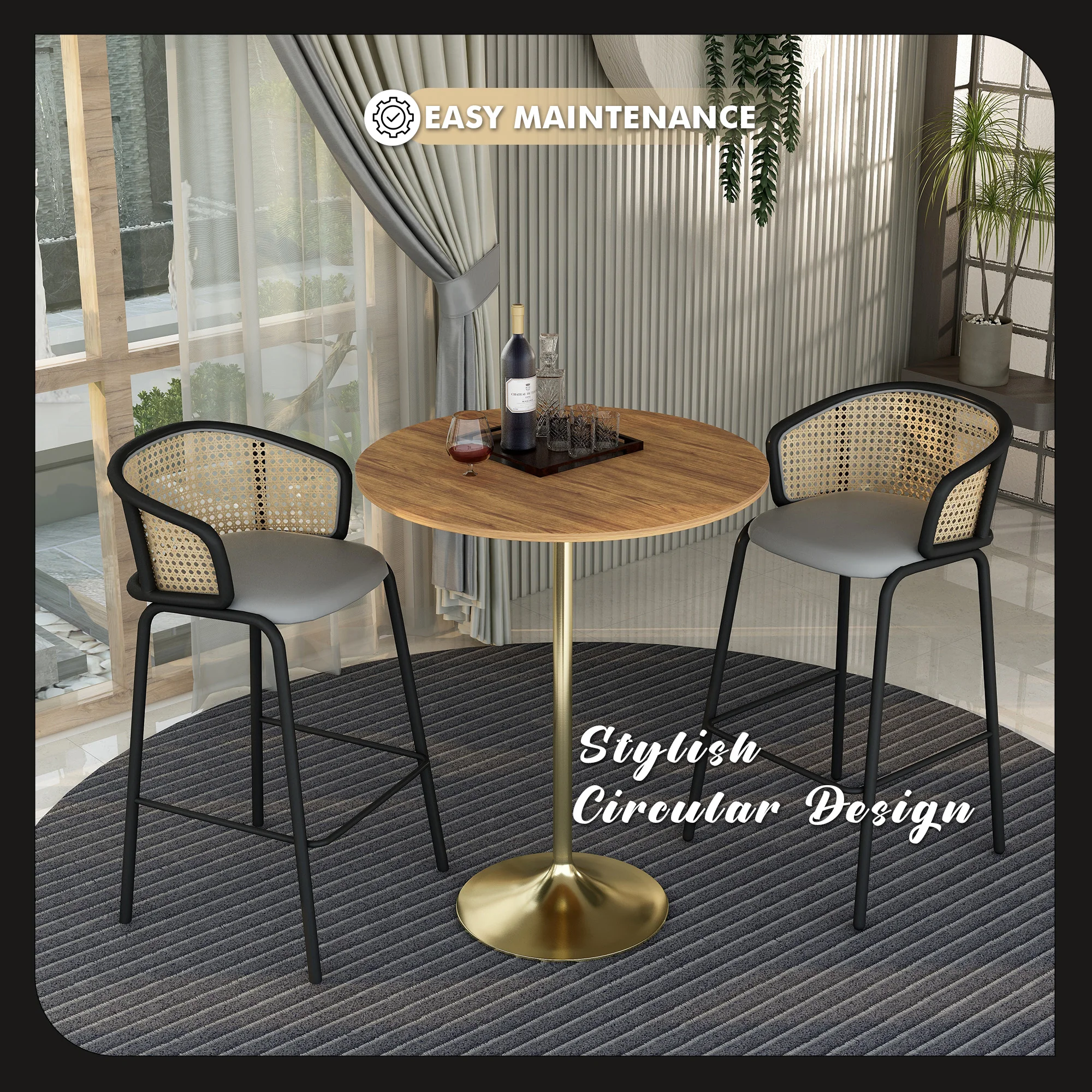 Verve Collection Modern Bar Height Table Brushed Gold Base with 36" Round Cognac Brown MDF Top