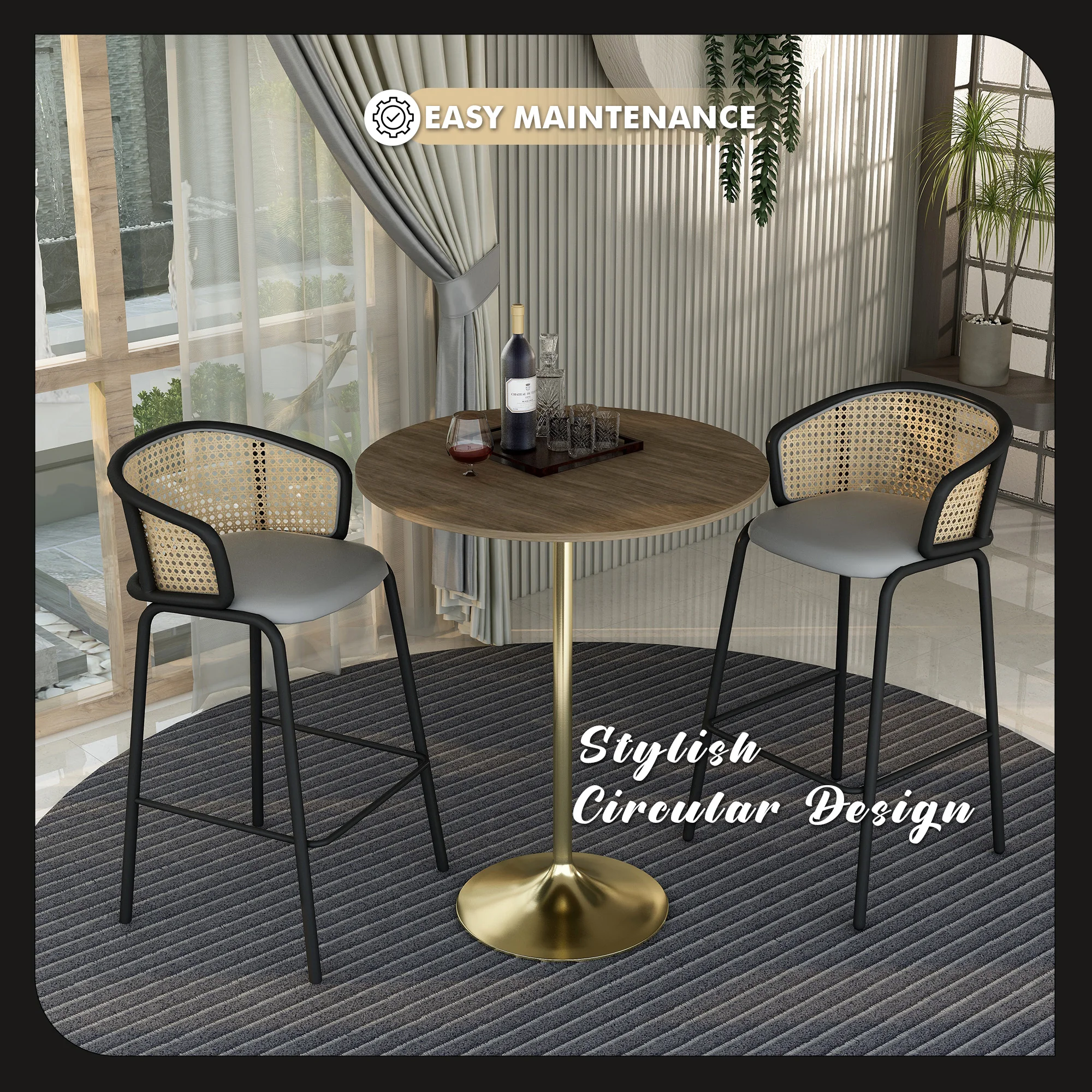 Verve Collection Modern Bar Height Table Brushed Gold Base with 36" Round Dark Walnut MDF Top