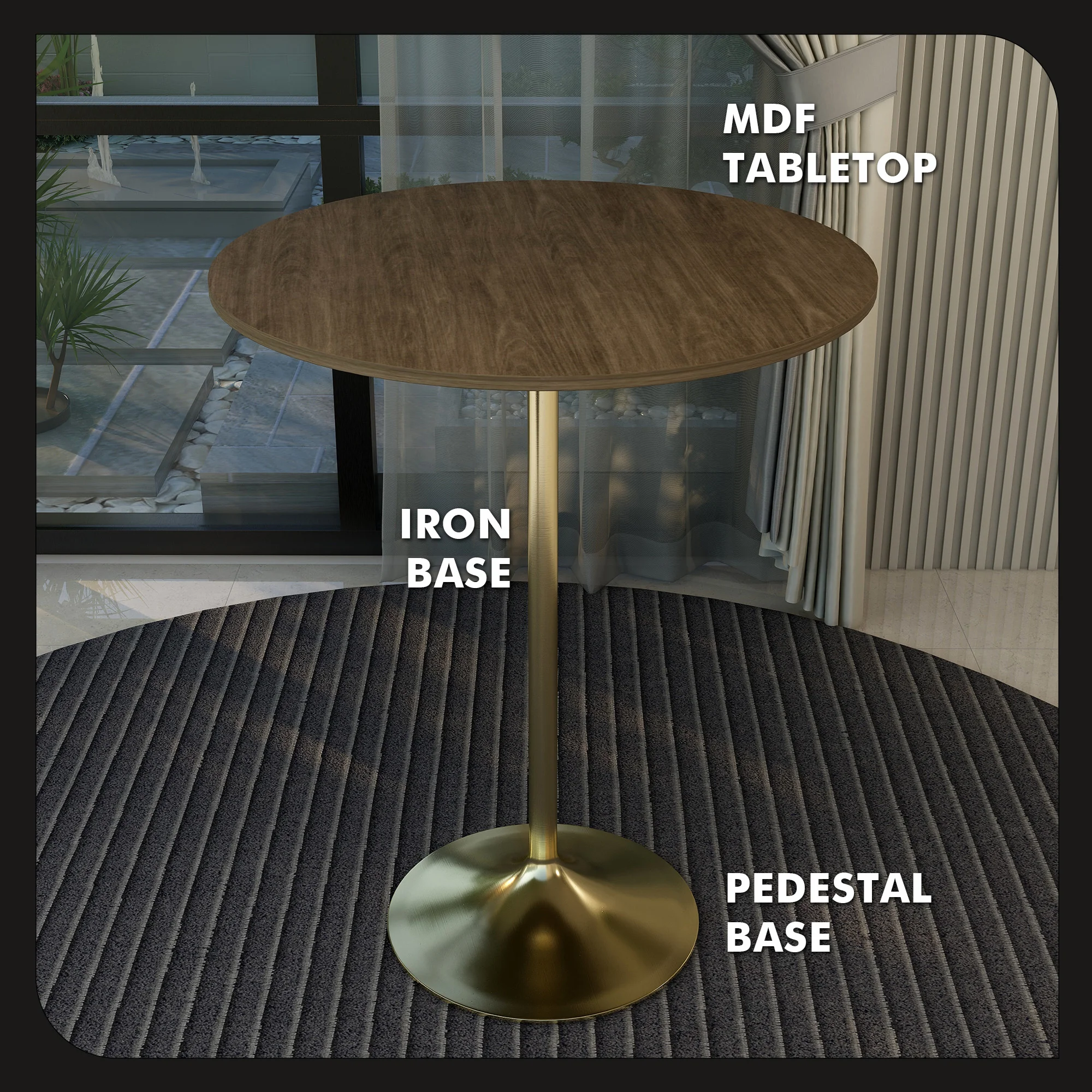 Verve Collection Modern Bar Height Table Brushed Gold Base with 36" Round Dark Walnut MDF Top
