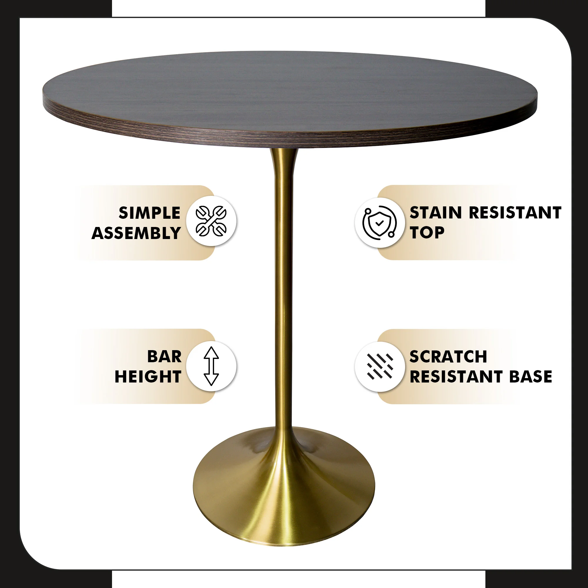 Verve Collection Modern Bar Height Table Brushed Gold Base with 36" Round Dark Walnut MDF Top