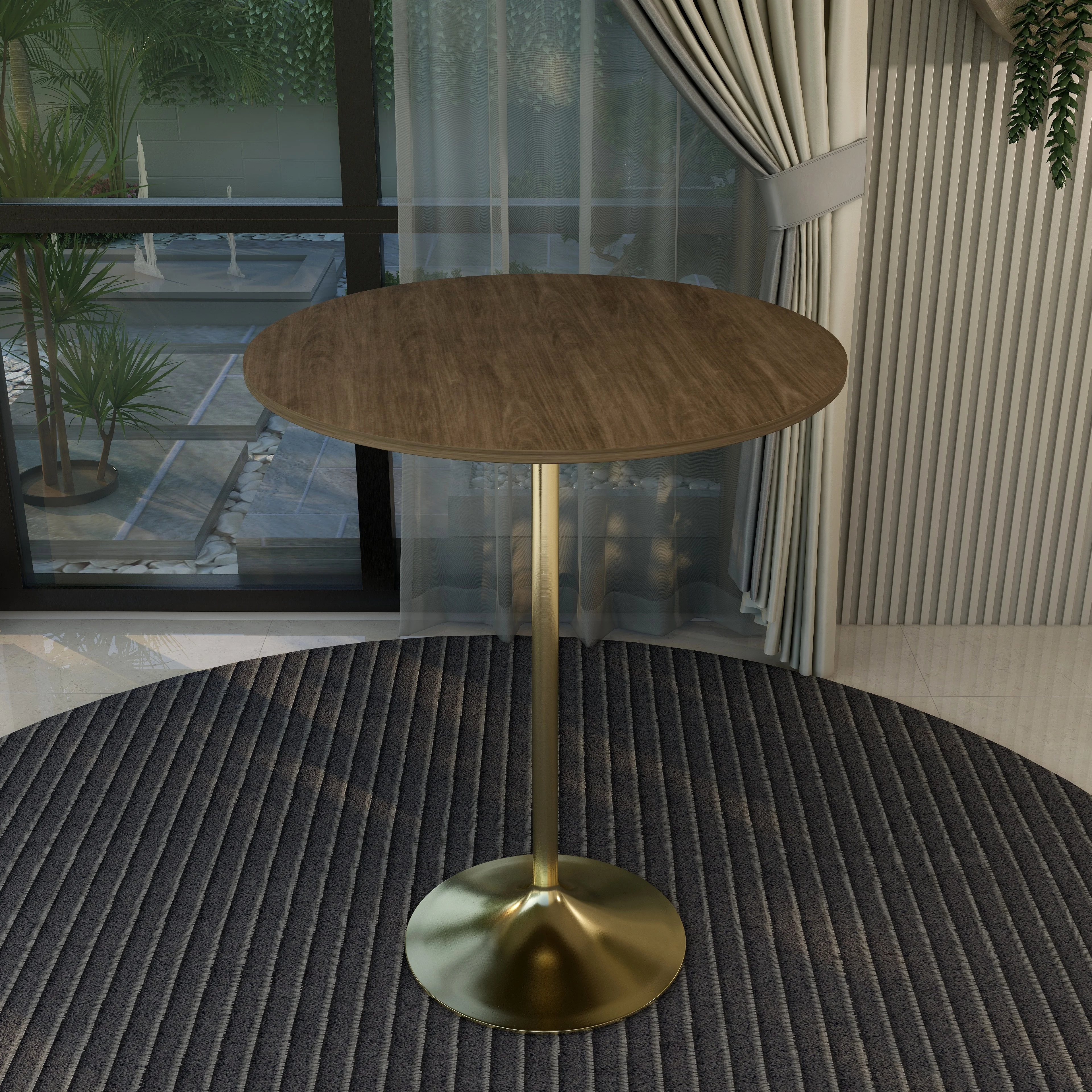 Verve Collection Modern Bar Height Table Brushed Gold Base with 36" Round Dark Walnut MDF Top