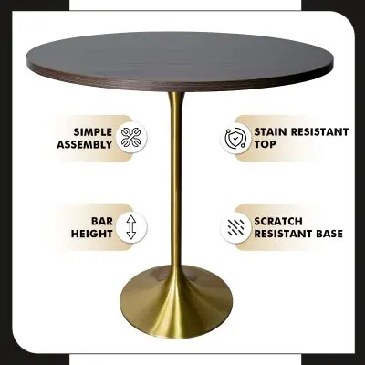 Verve Collection Modern Bar Height Table Brushed Gold Base with 36" Round Dark Walnut MDF Top