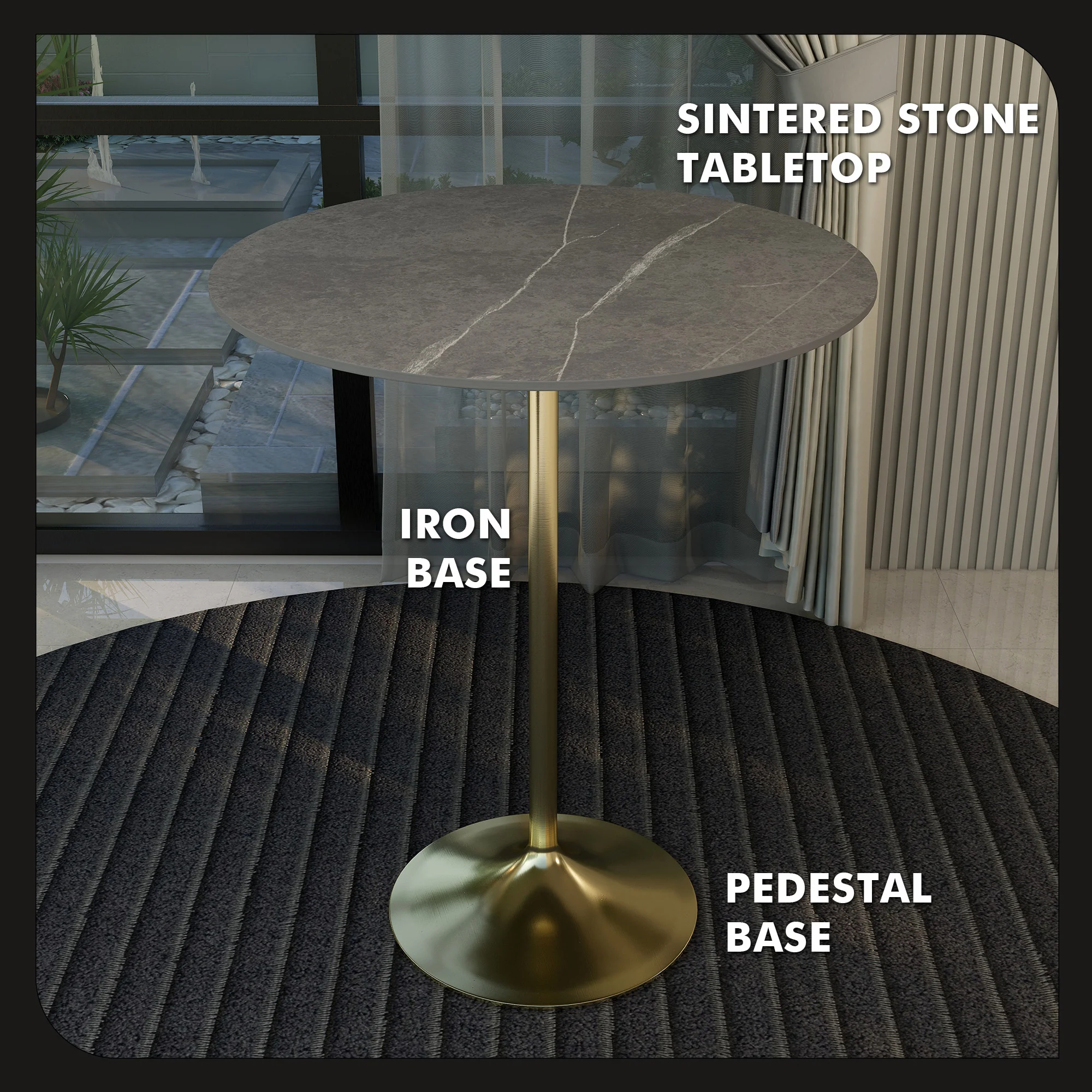 Verve Collection Modern Bar Height Table Brushed Gold Base with 36" Round Marble Grey Sintered Stone Top
