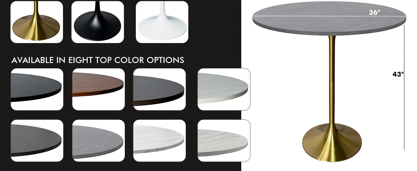 Verve Collection Modern Bar Height Table Brushed Gold Base with 36" Round Marble Grey Sintered Stone Top