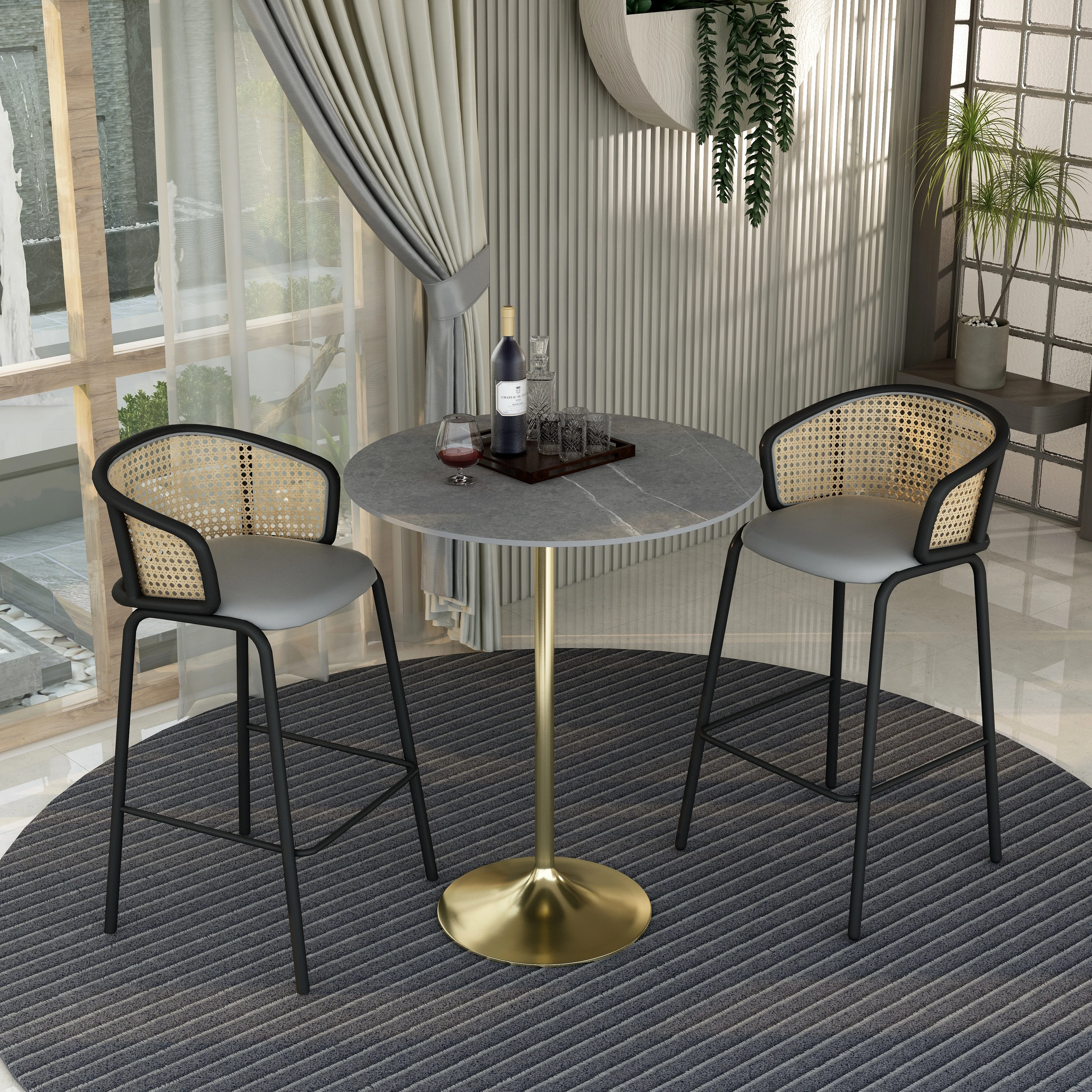 Verve Collection Modern Bar Height Table Brushed Gold Base with 36" Round Marble Grey Sintered Stone Top