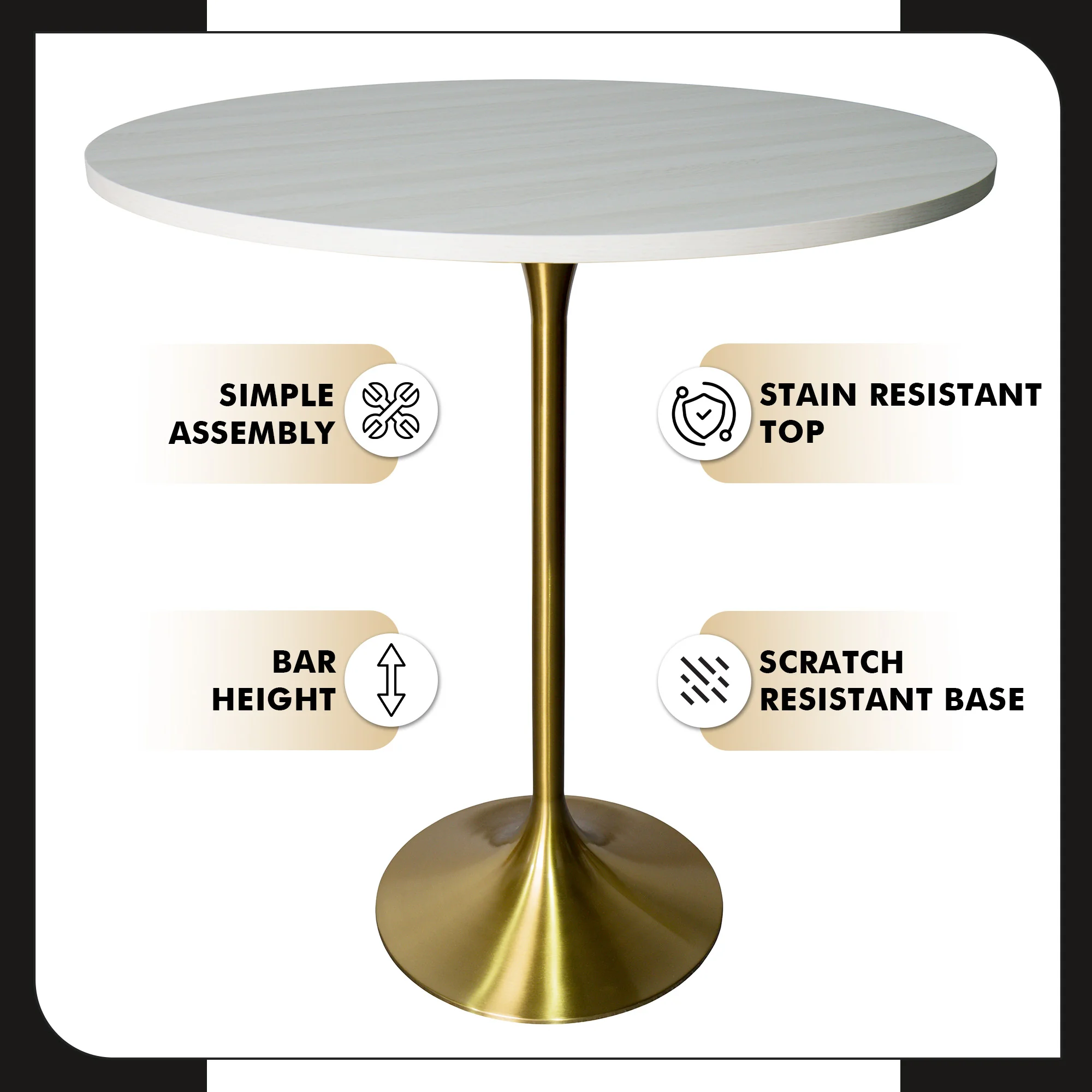 Verve Collection Modern Bar Height Table Brushed Gold Base with 36" Round Light Natural Wood MDF Top