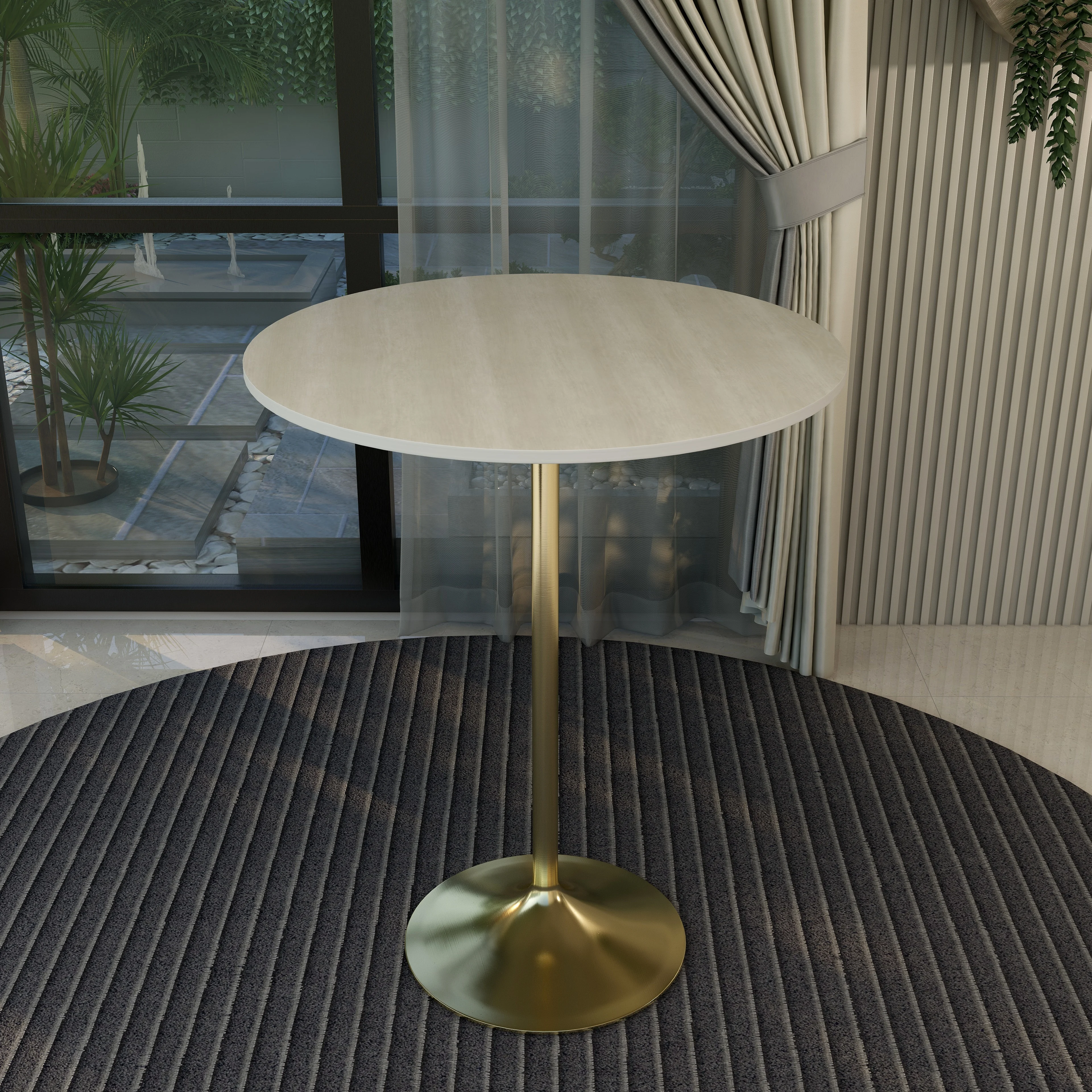 Verve Collection Modern Bar Height Table Brushed Gold Base with 36" Round Light Natural Wood MDF Top