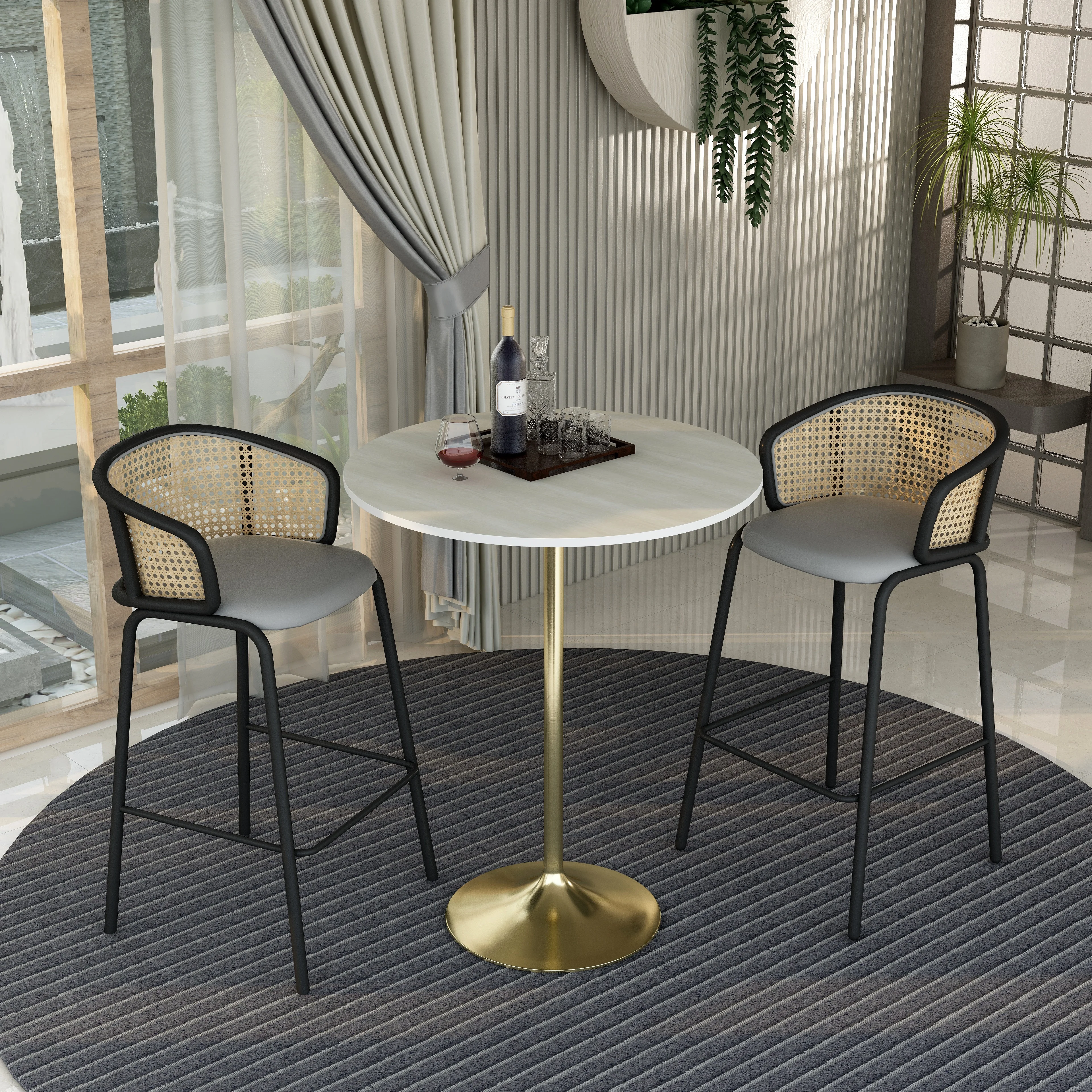 Verve Collection Modern Bar Height Table Brushed Gold Base with 36" Round Light Natural Wood MDF Top