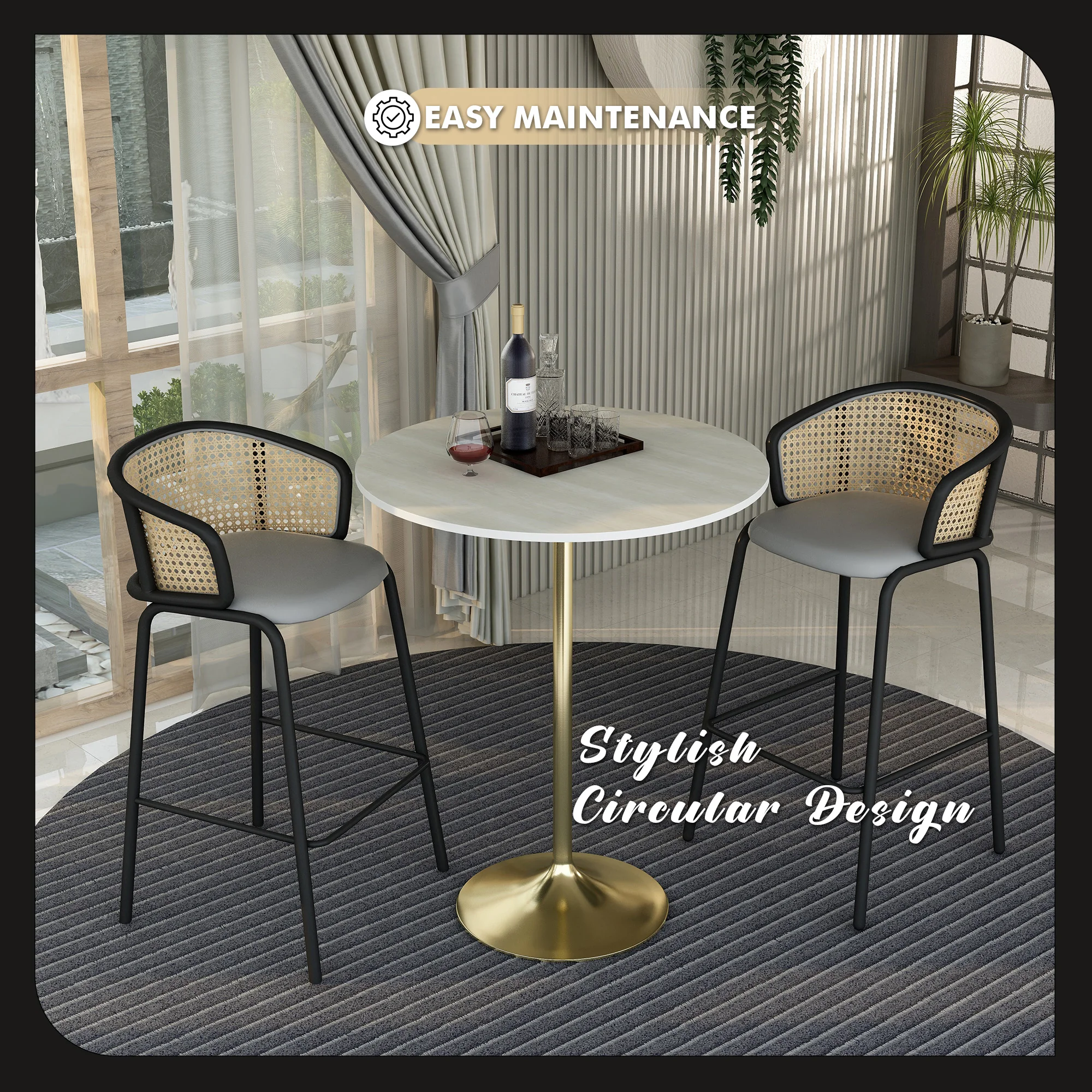 Verve Collection Modern Bar Height Table Brushed Gold Base with 36" Round Light Natural Wood MDF Top