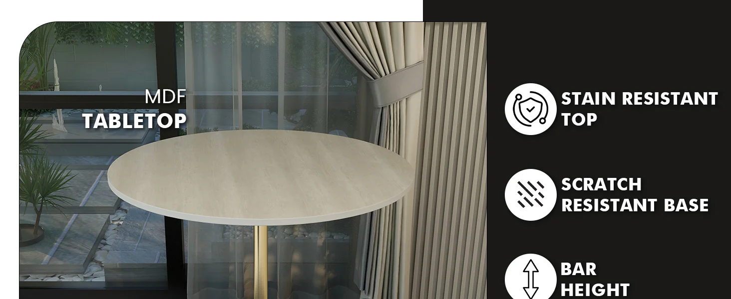 Verve Collection Modern Bar Height Table Brushed Gold Base with 36" Round Light Natural Wood MDF Top