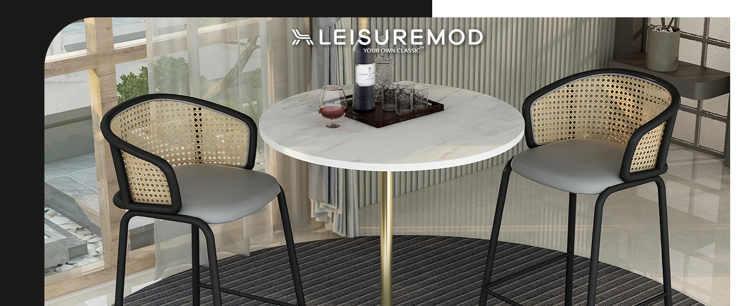 Verve Collection Modern Bar Height Table Brushed Gold Base with 36" Round Marbleized White Laminated Top