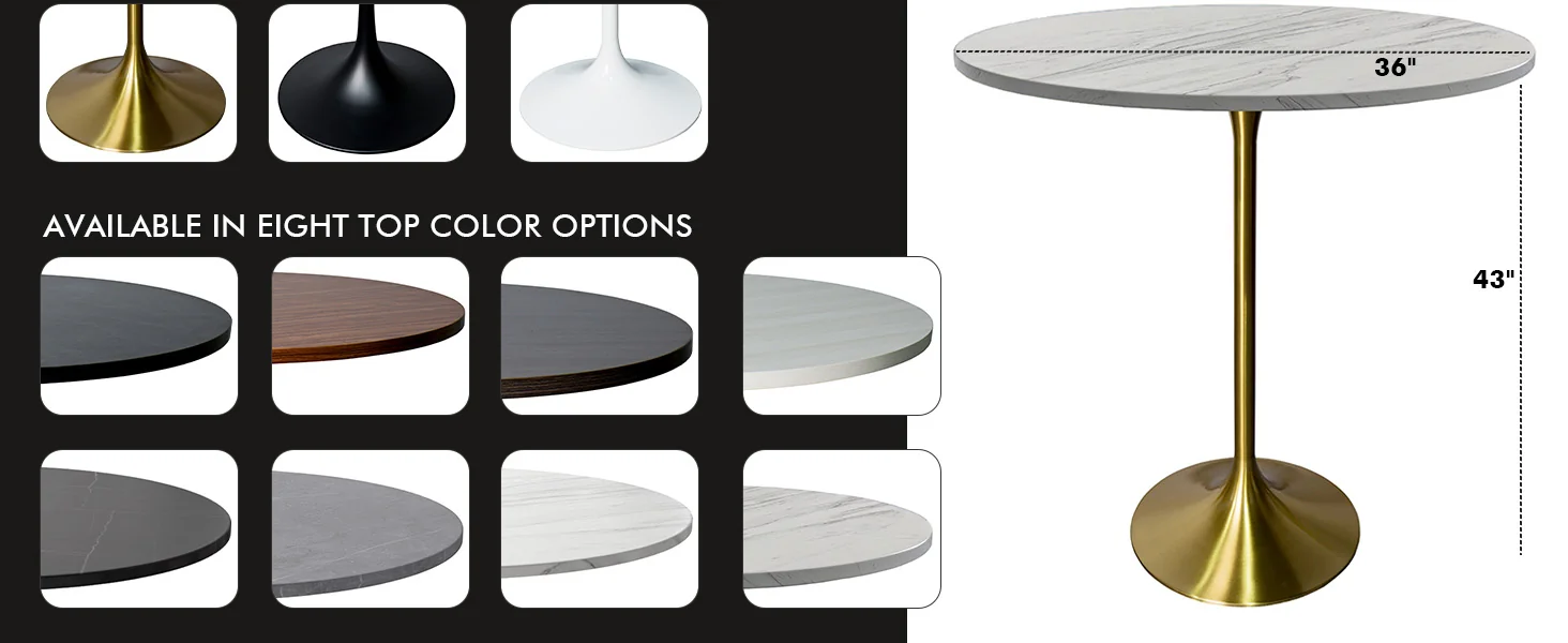 Verve Collection Modern Bar Height Table Brushed Gold Base with 36" Round Marbleized White Laminated Top