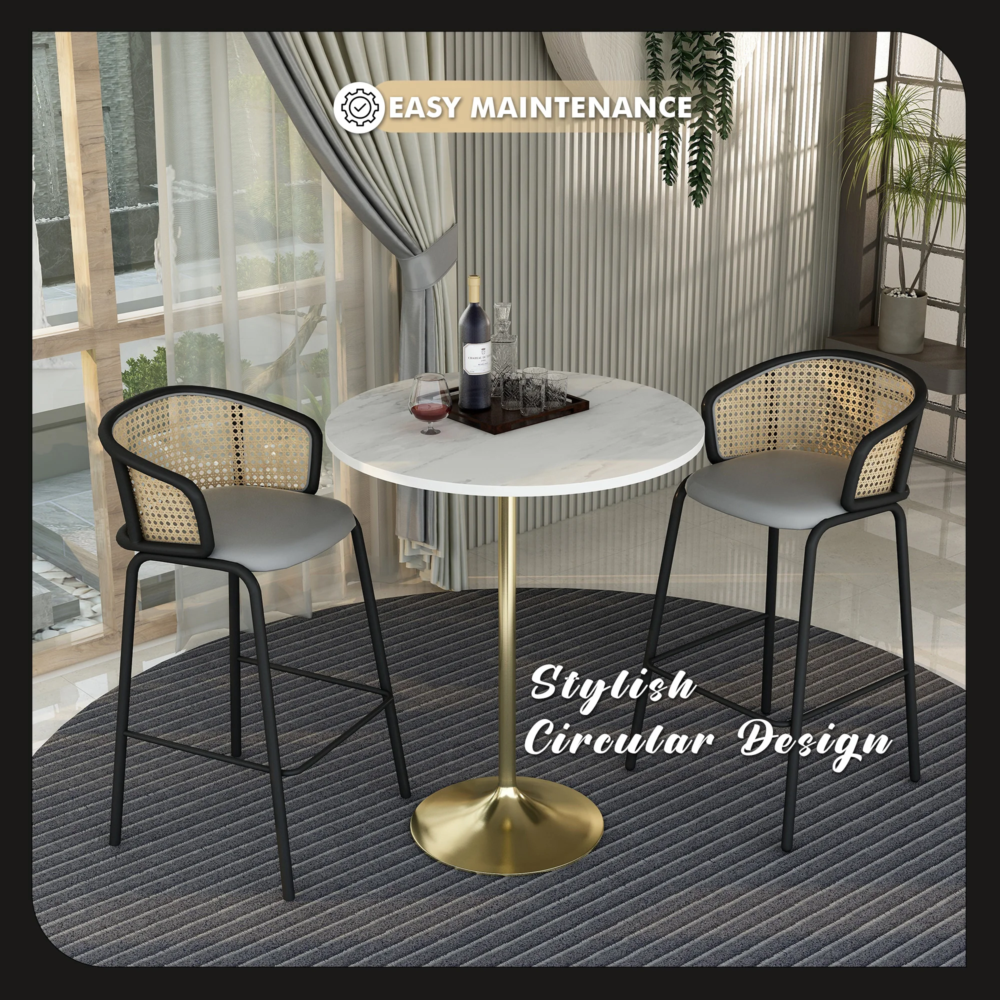 Verve Collection Modern Bar Height Table Brushed Gold Base with 36" Round Marbleized White Laminated Top