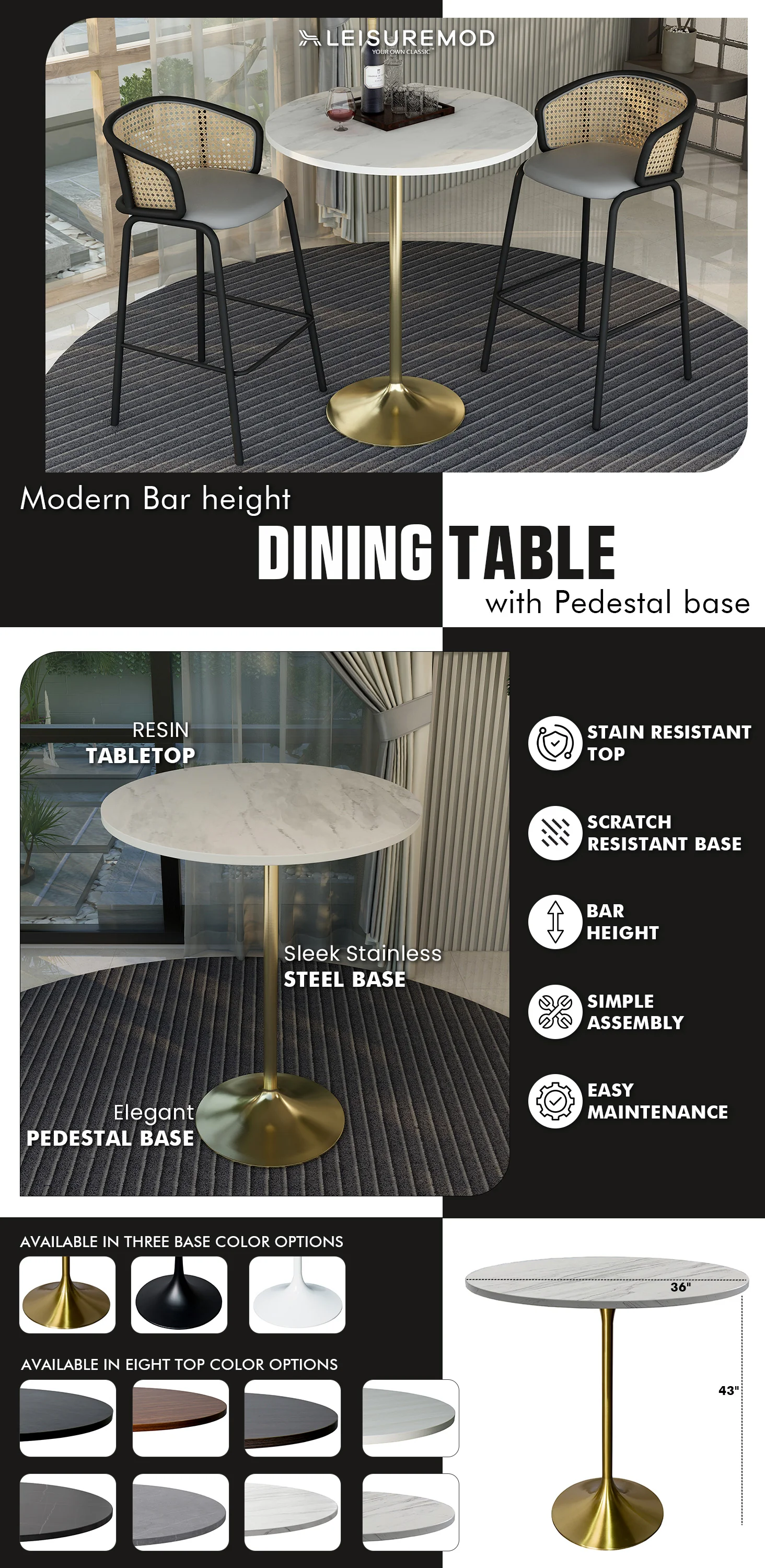 Verve Collection Modern Bar Height Table Brushed Gold Base with 36" Round Marbleized White Laminated Top
