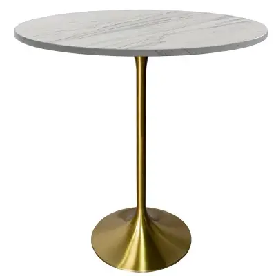 Verve Collection Modern Bar Height Table Brushed Gold Base with 36" Round Marbleized White Laminated Top