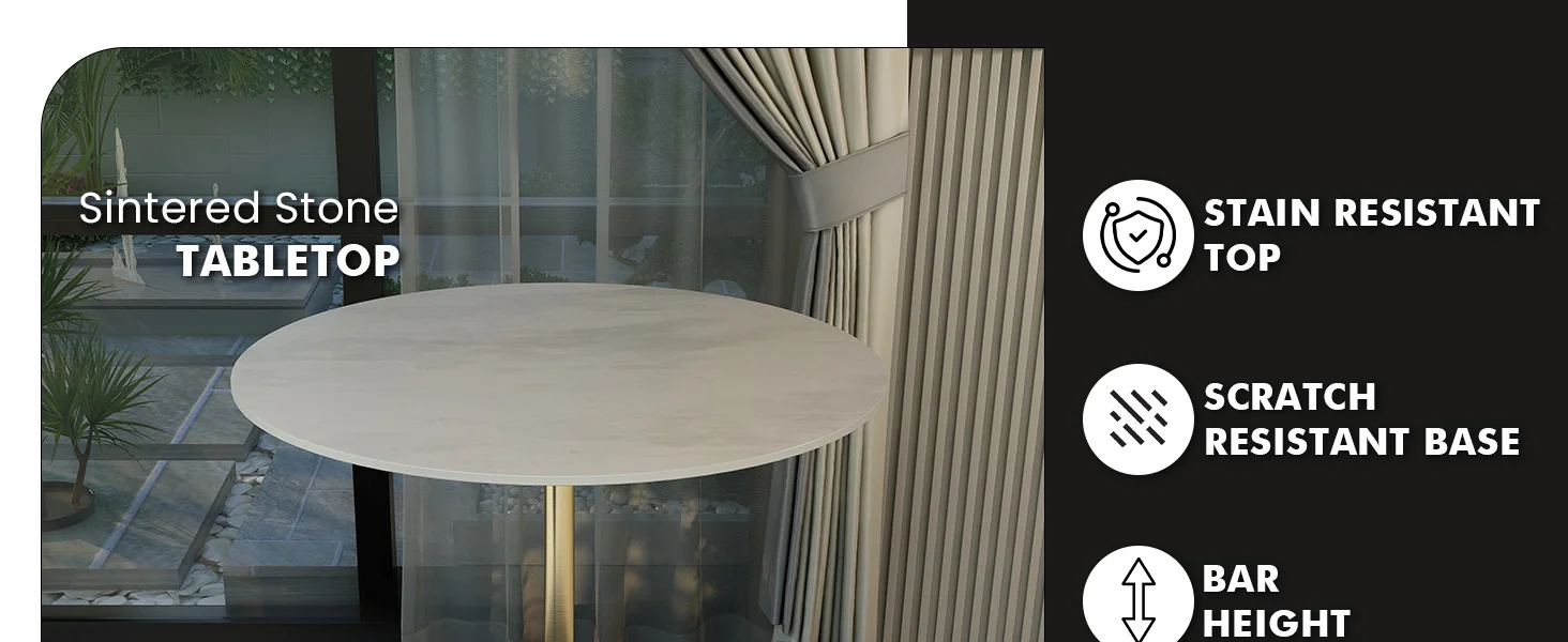 Verve Collection Modern Bar Height Table Brushed Gold Base with 36" Round Marble White Sintered Stone Top