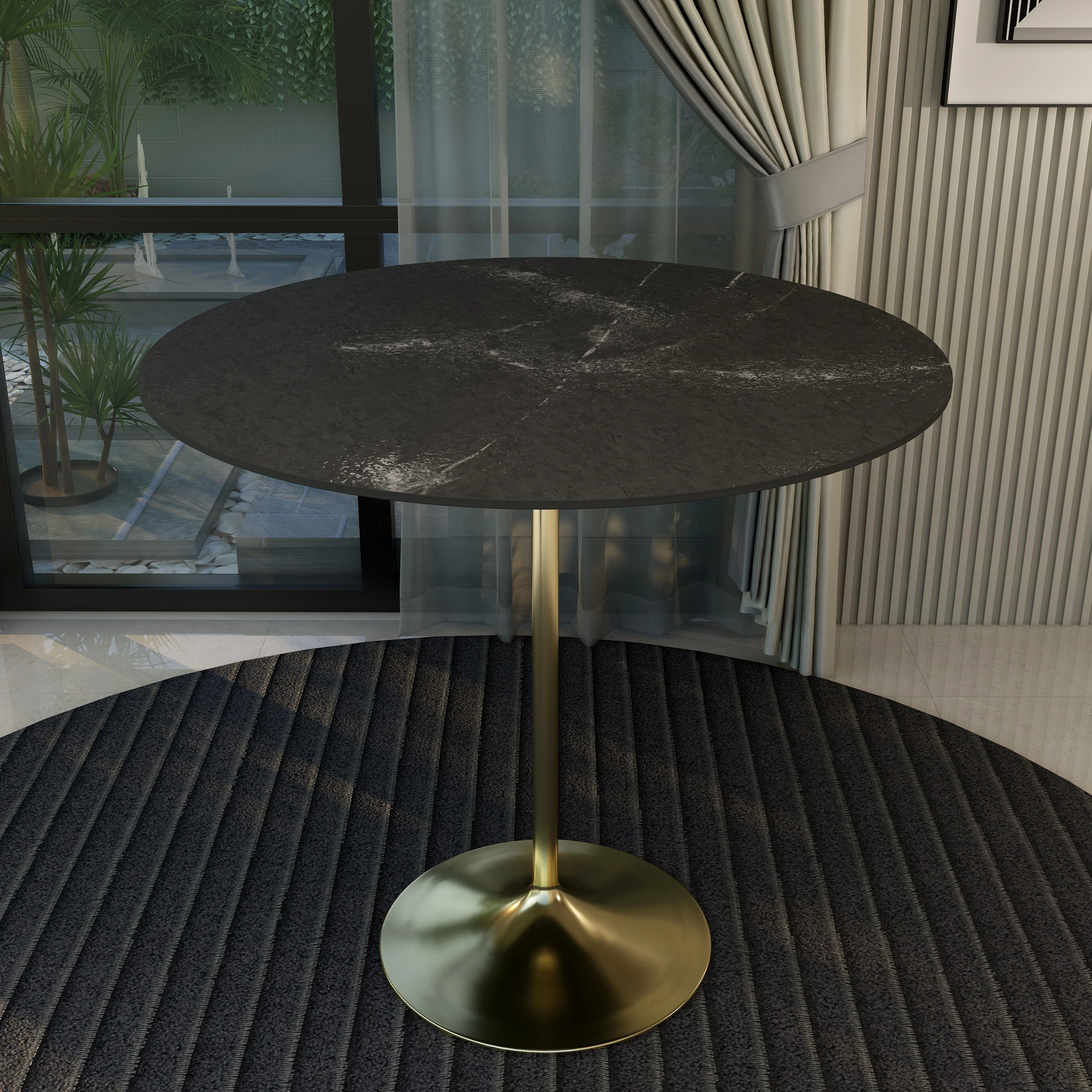Verve Collection Modern Bar Height Table Brushed Gold Base with 48" Round Black Marbelized MDF Top