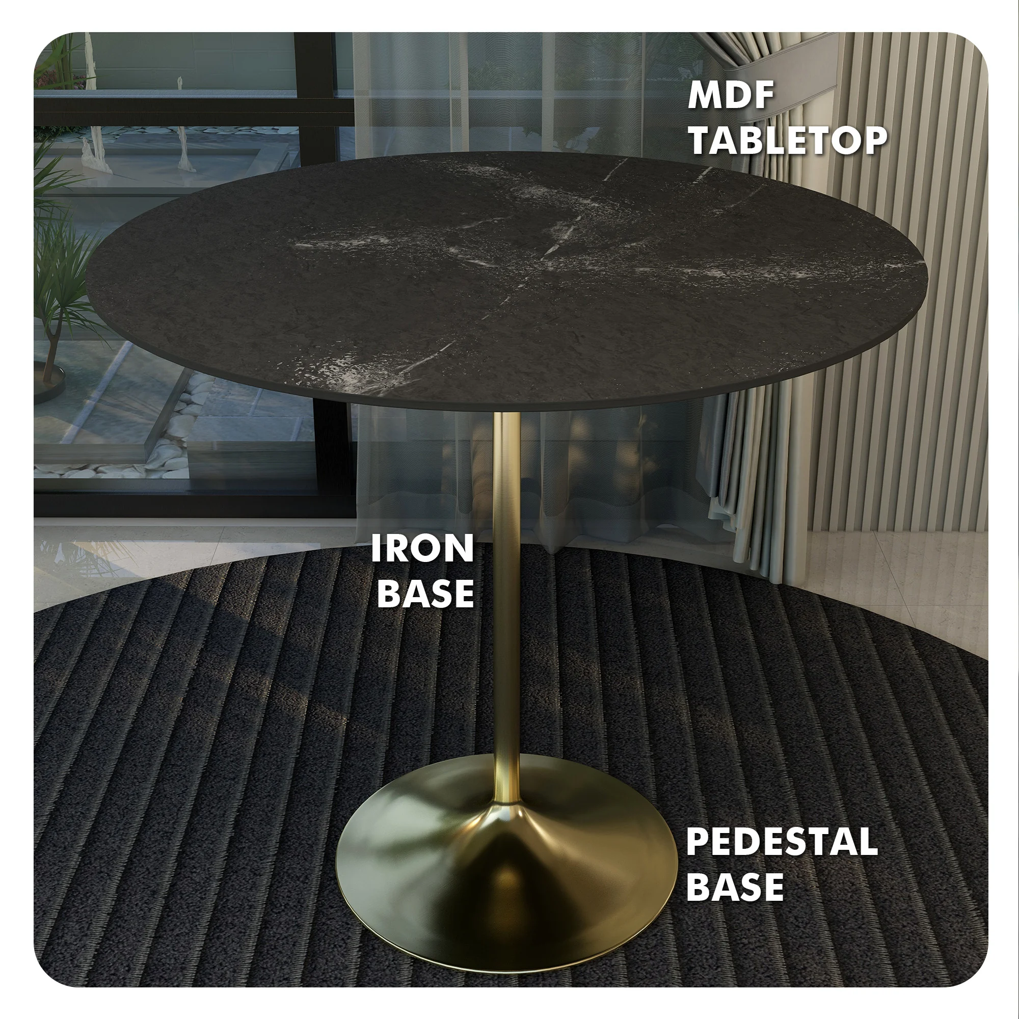 Verve Collection Modern Bar Height Table Brushed Gold Base with 48" Round Black Marbelized MDF Top