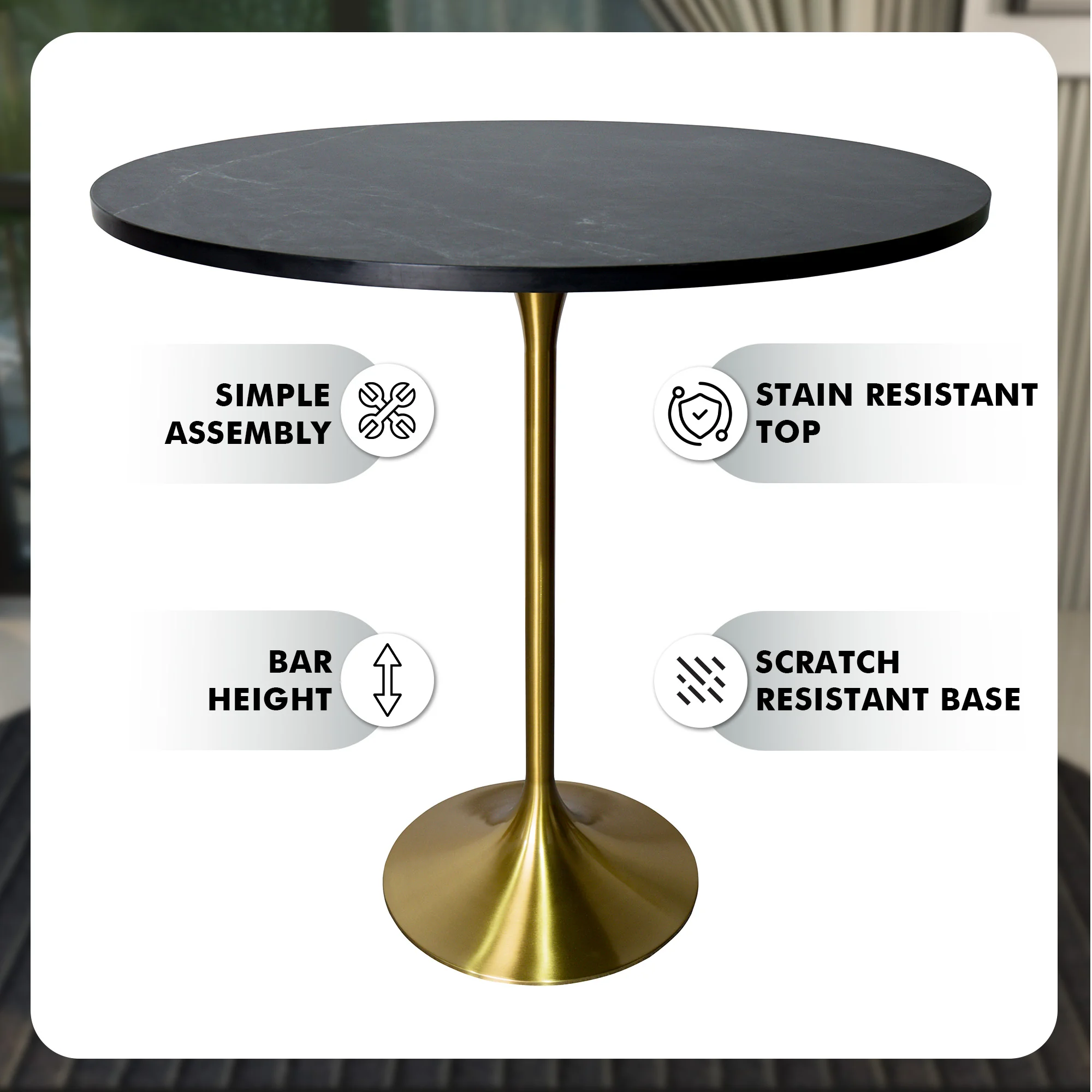 Verve Collection Modern Bar Height Table Brushed Gold Base with 48" Round Black Marbelized MDF Top